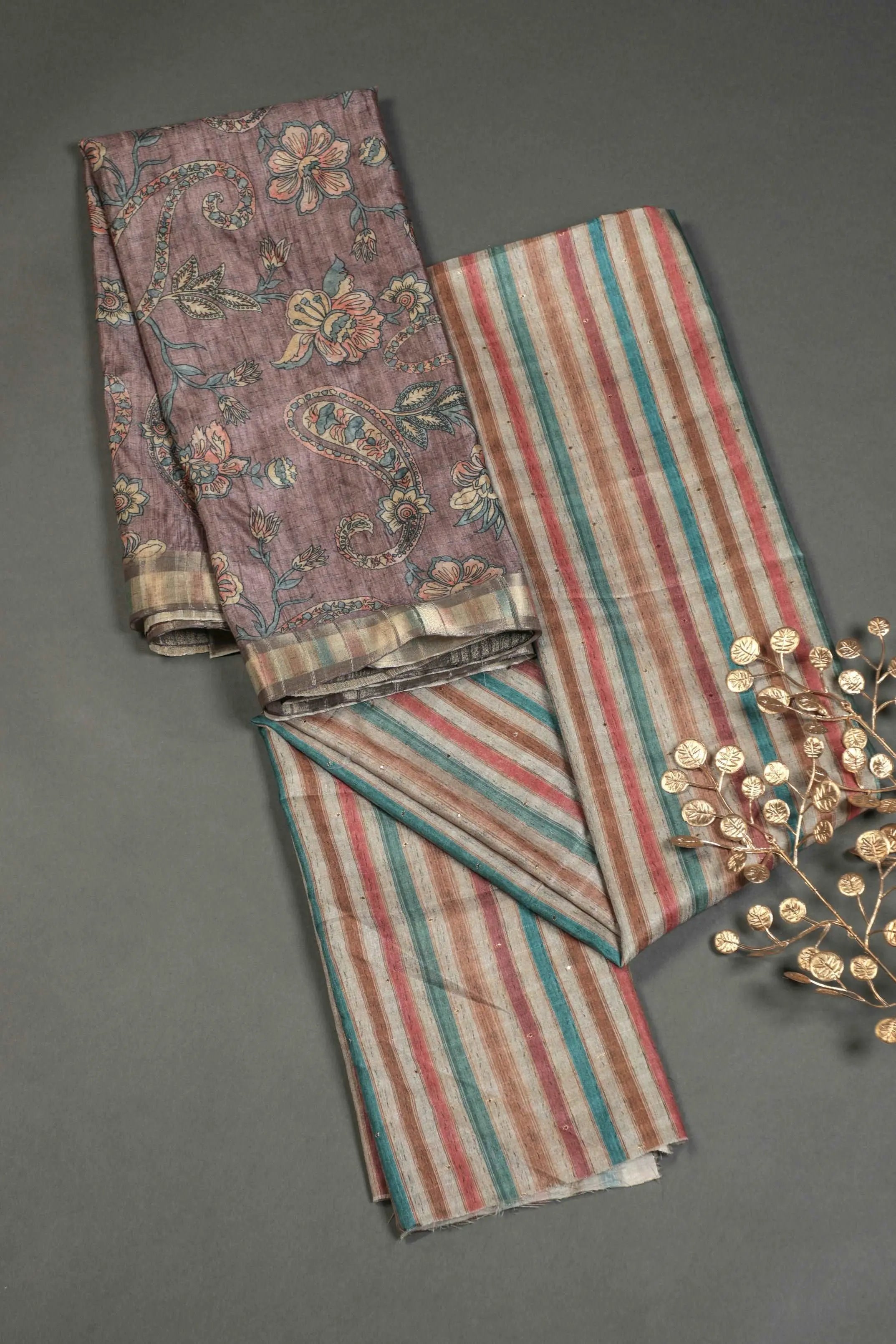 Dusty Purple and Multihued Striped Semi Tussar Two Piece Suit Set Geetha Creation