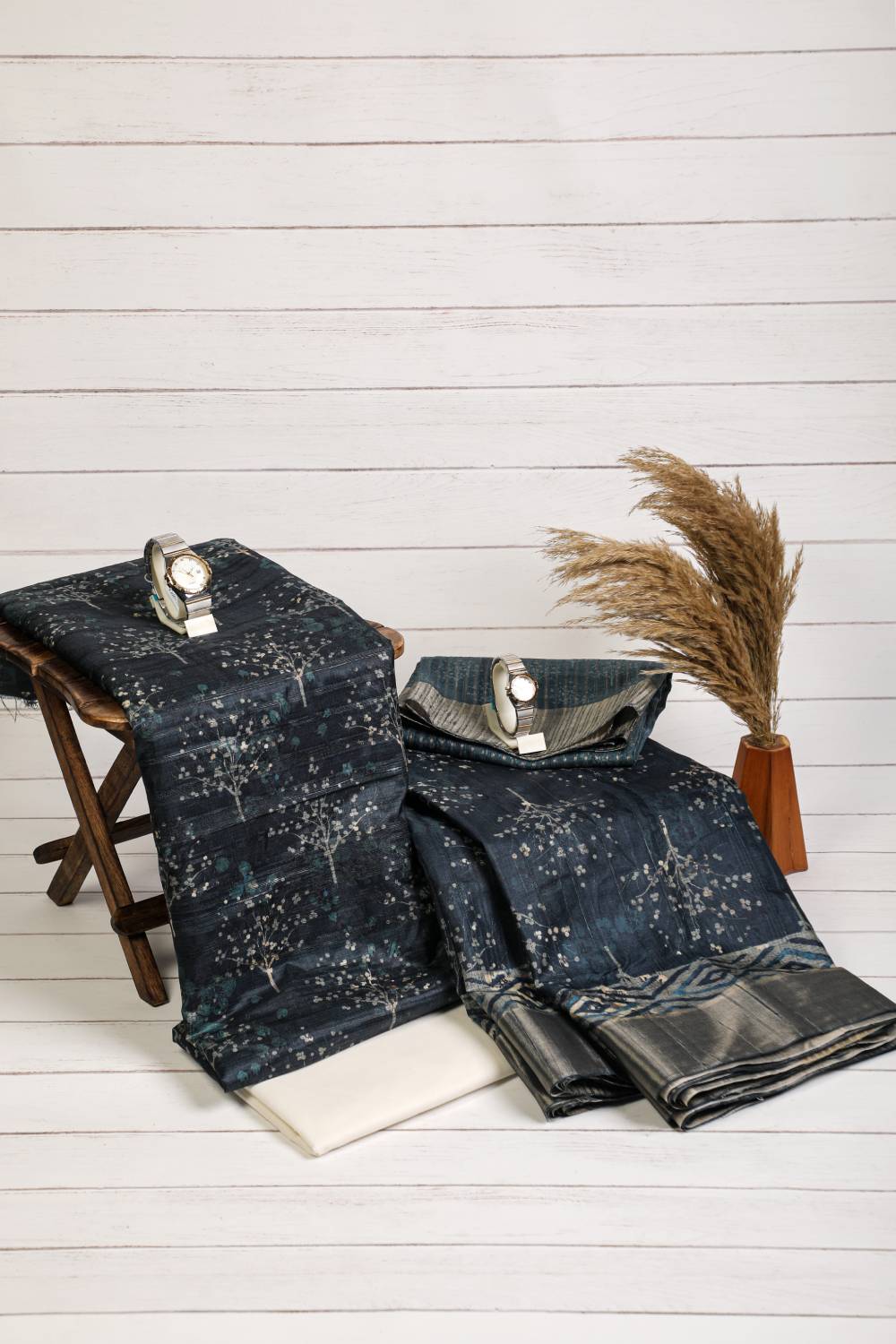 Metallic Blue Floral Bliss Tussar Couple Outfits Geetha Creation