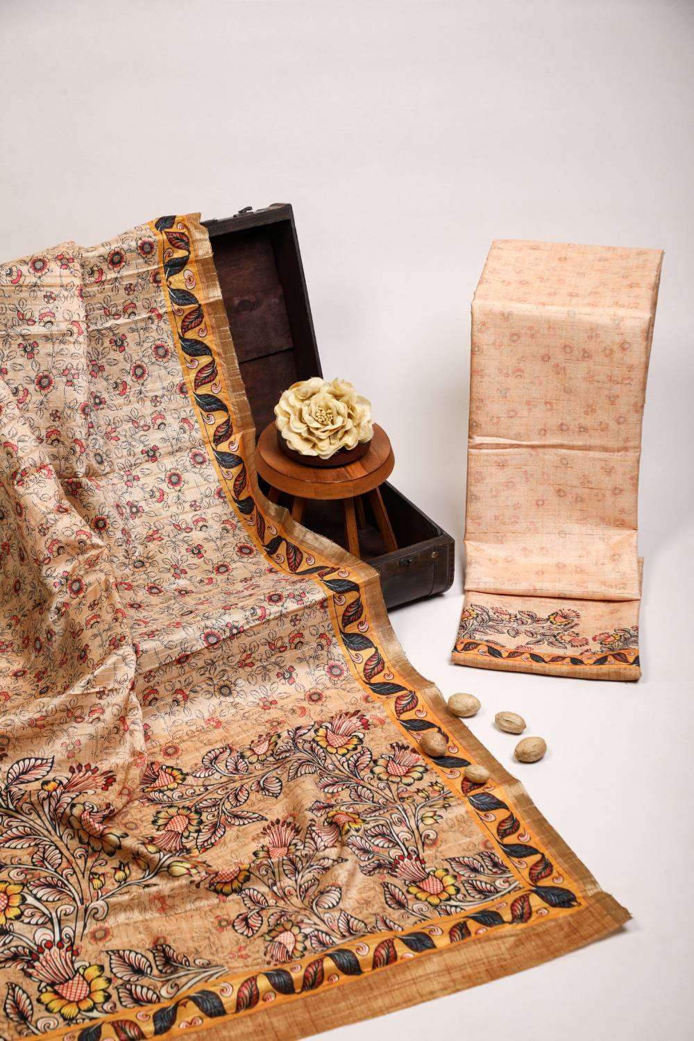 Apricot Floral Purely Handloom Semi Tussar Two Piece Set