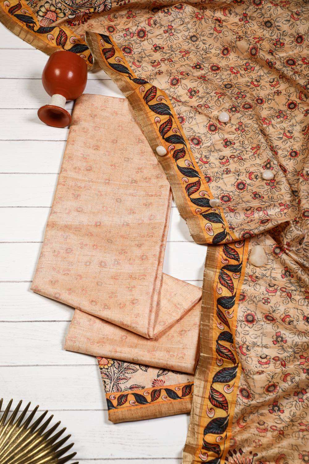 Apricot Floral Purely Handloom Semi Tussar Two Piece Set