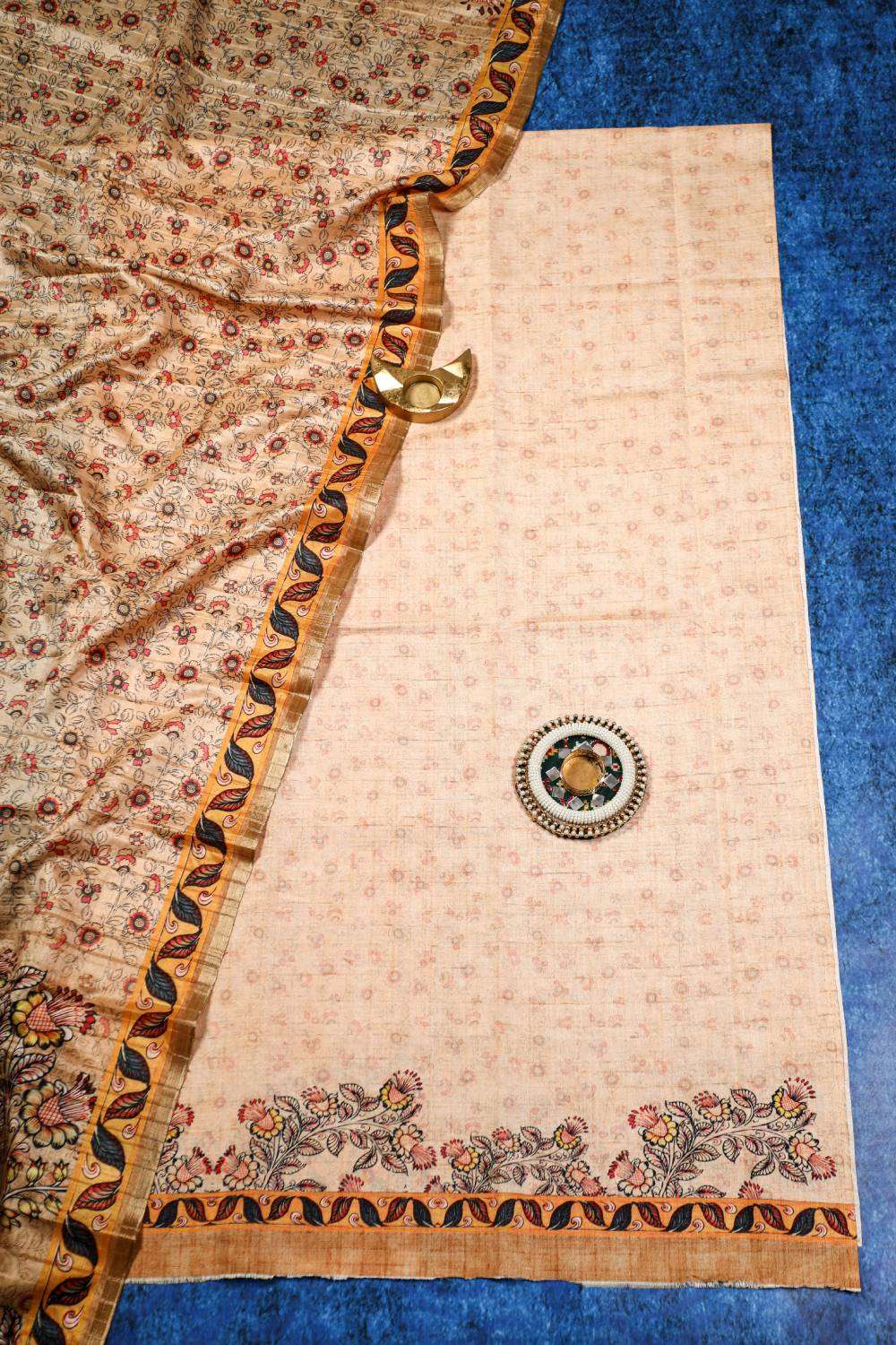 Apricot Floral Purely Handloom Semi Tussar Two Piece Set