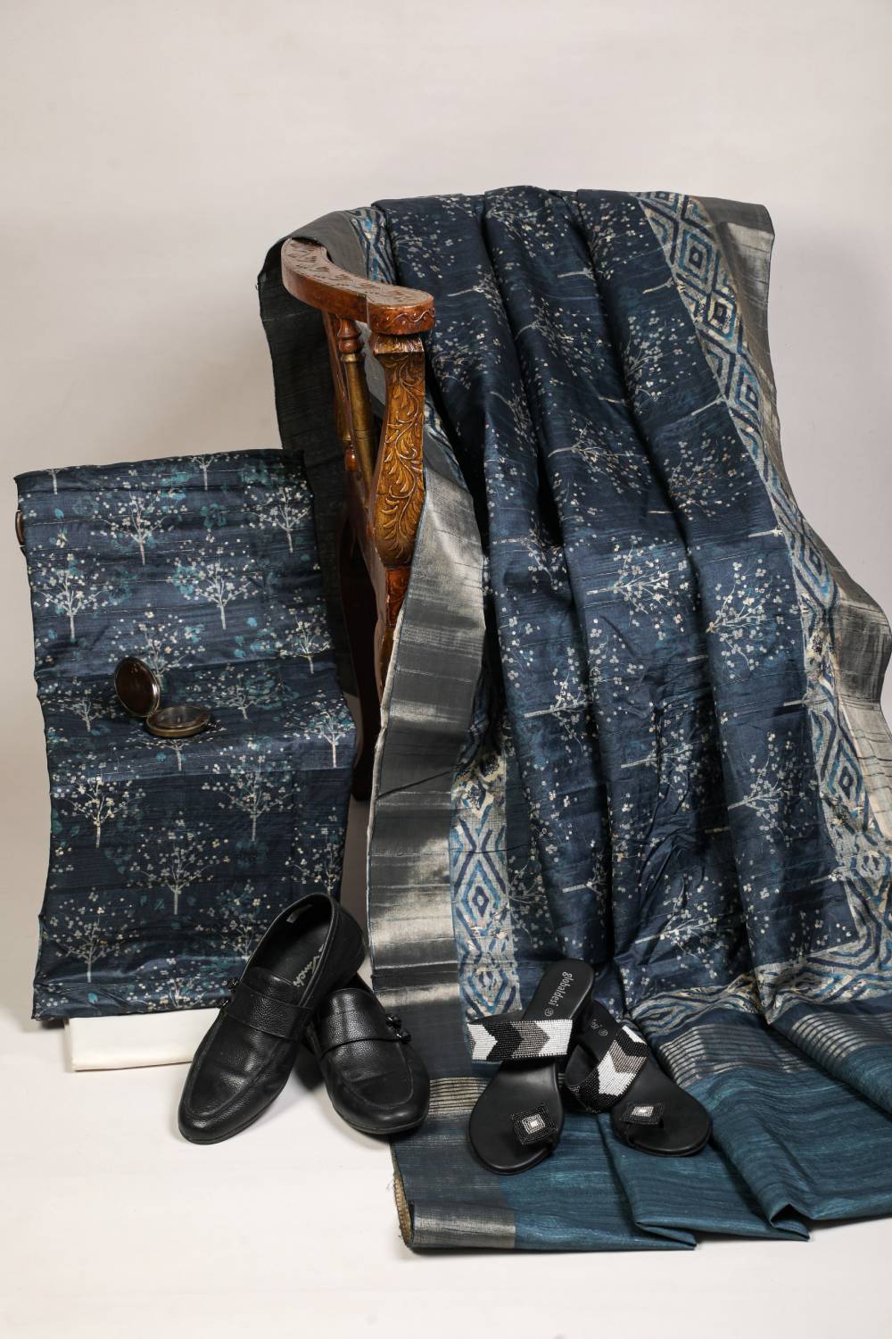 Metallic Blue Floral Bliss Tussar Couple Outfits Geetha Creation