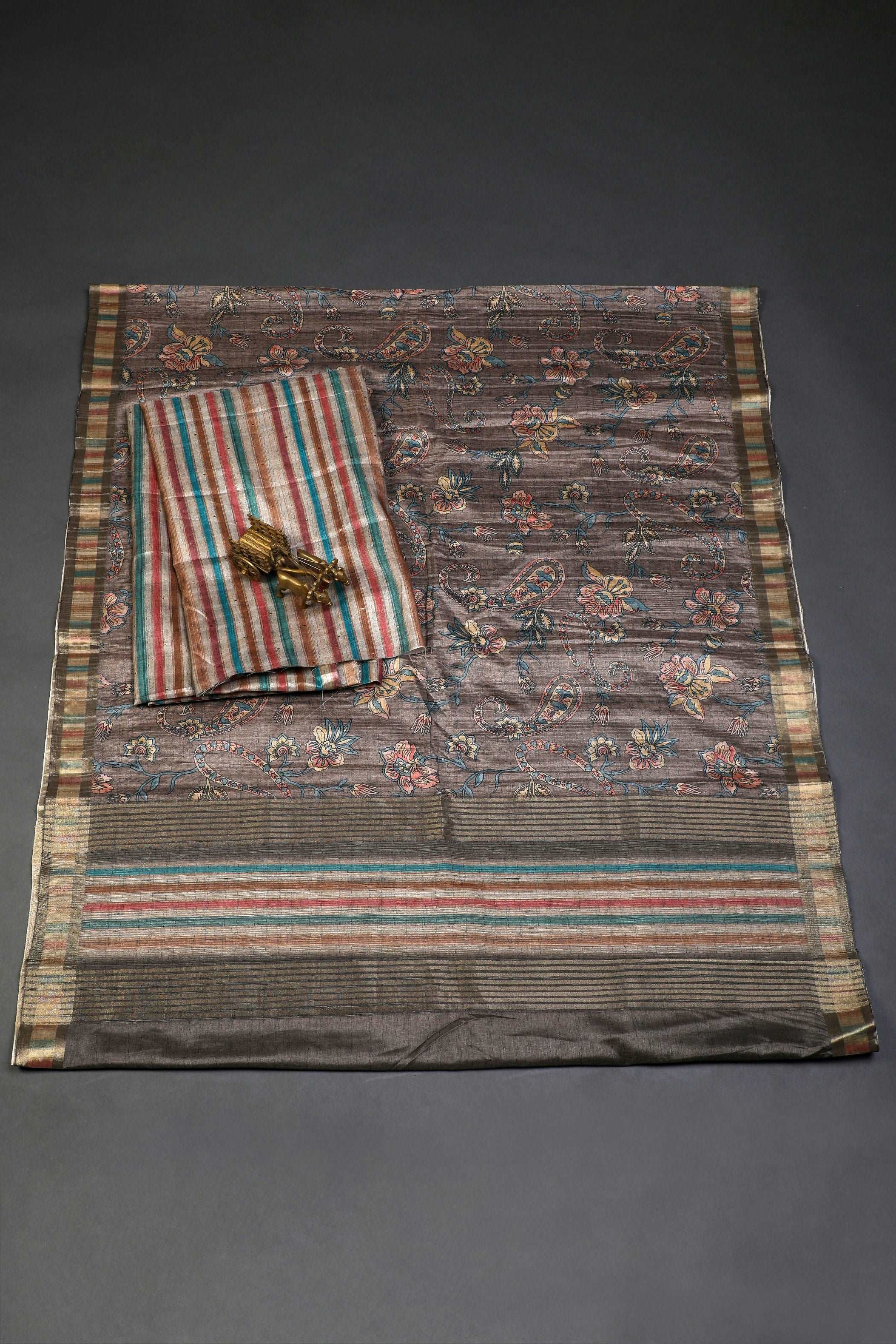 Dark Brown and Multihued Striped Semi Tussar Two Piece Suit Set Geetha Creation