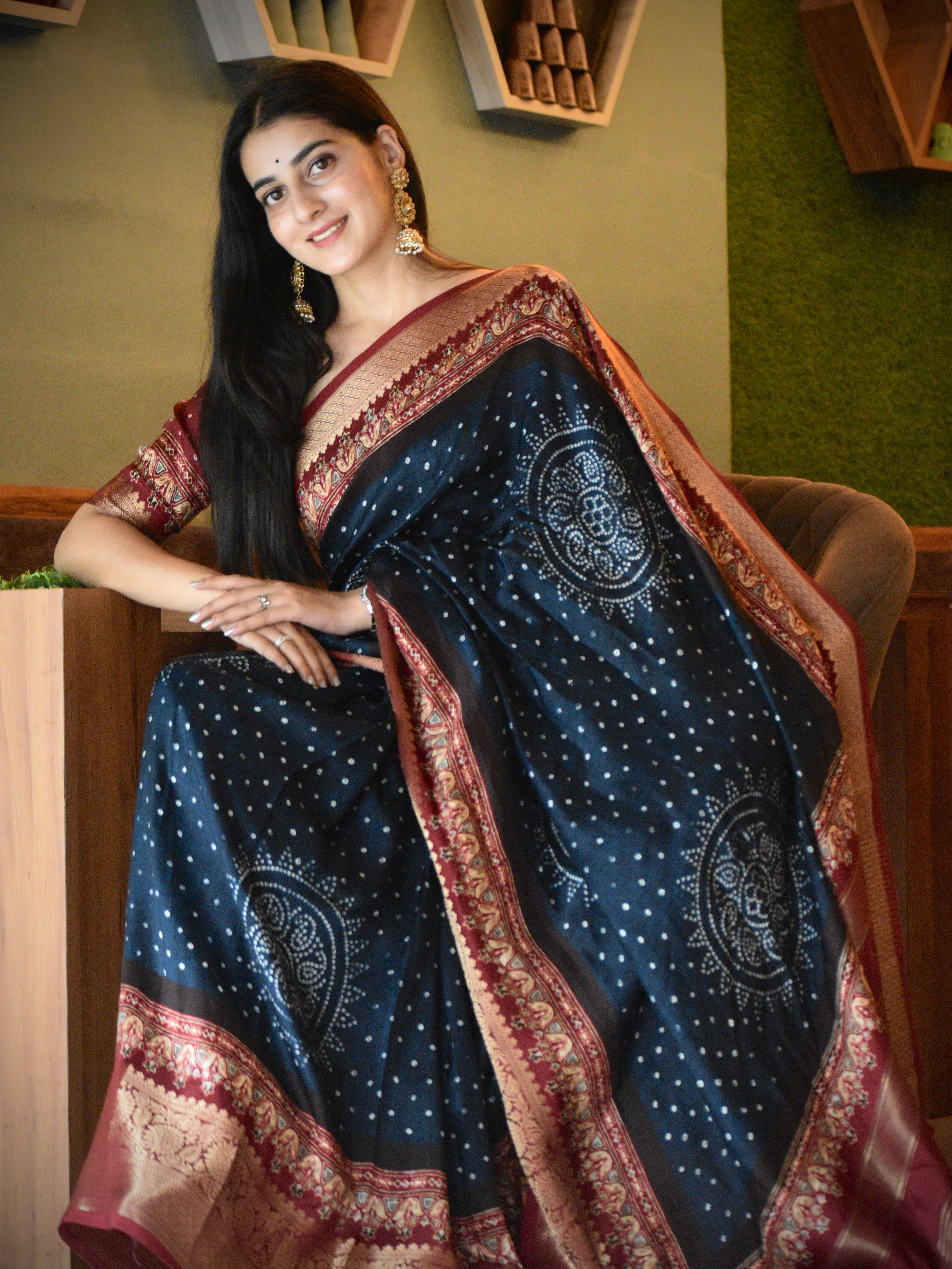 Bandhani Motif Buttery Soft Silk with Contrast Red Jacquard Border Saree