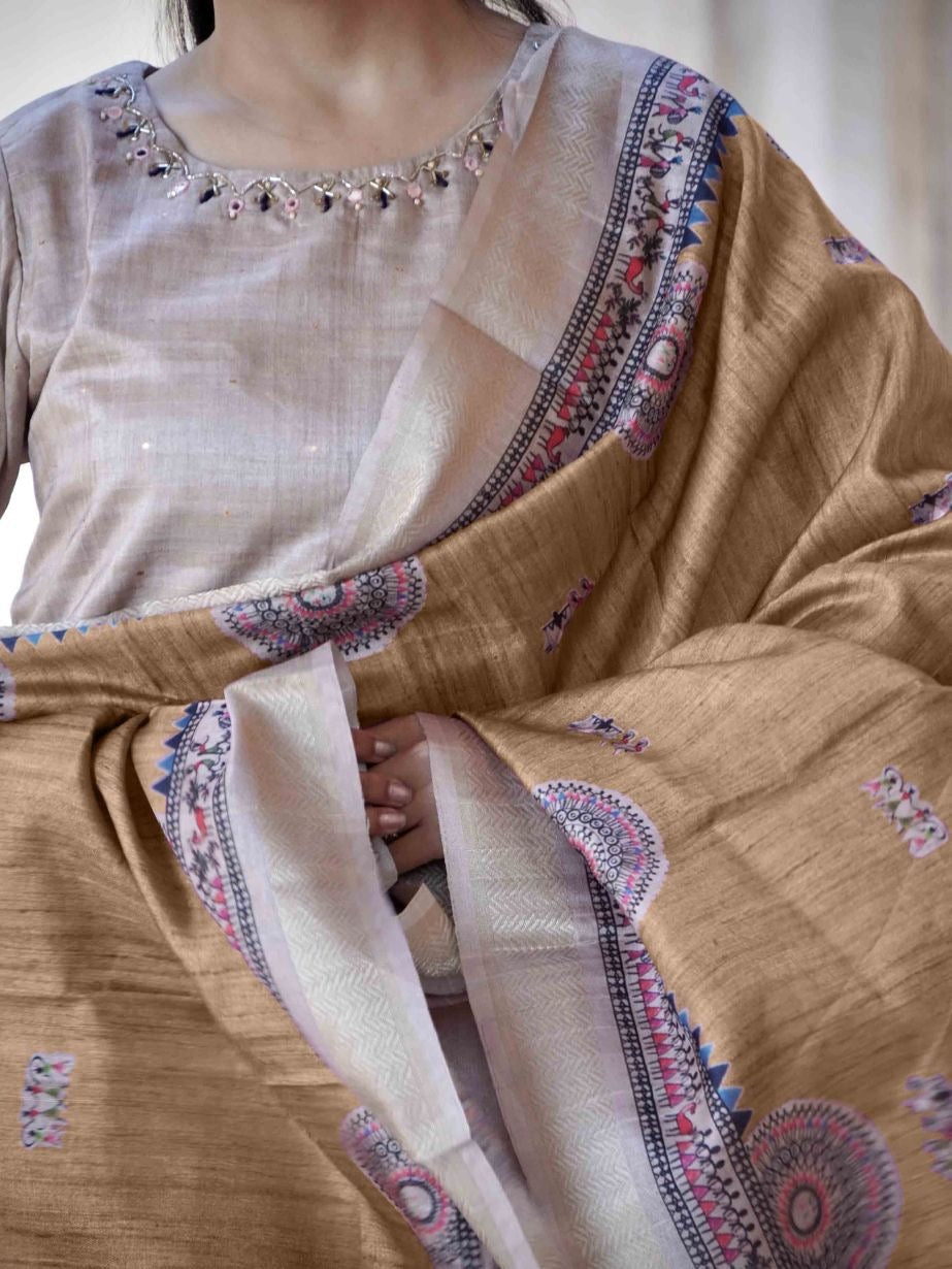 Pink with Chikoo Madhubani Ready to Wear Silk Kurti Set Geetha Creation