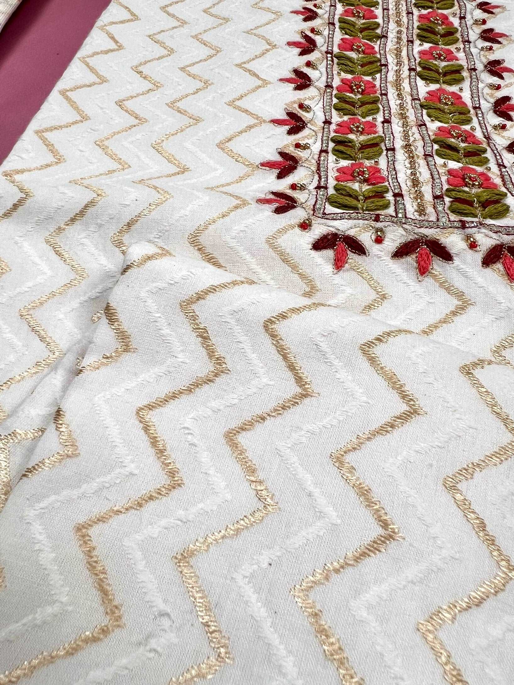 Pure White Ethnic Floral Linen Ready to Wear Pure Cotton Kurti Set