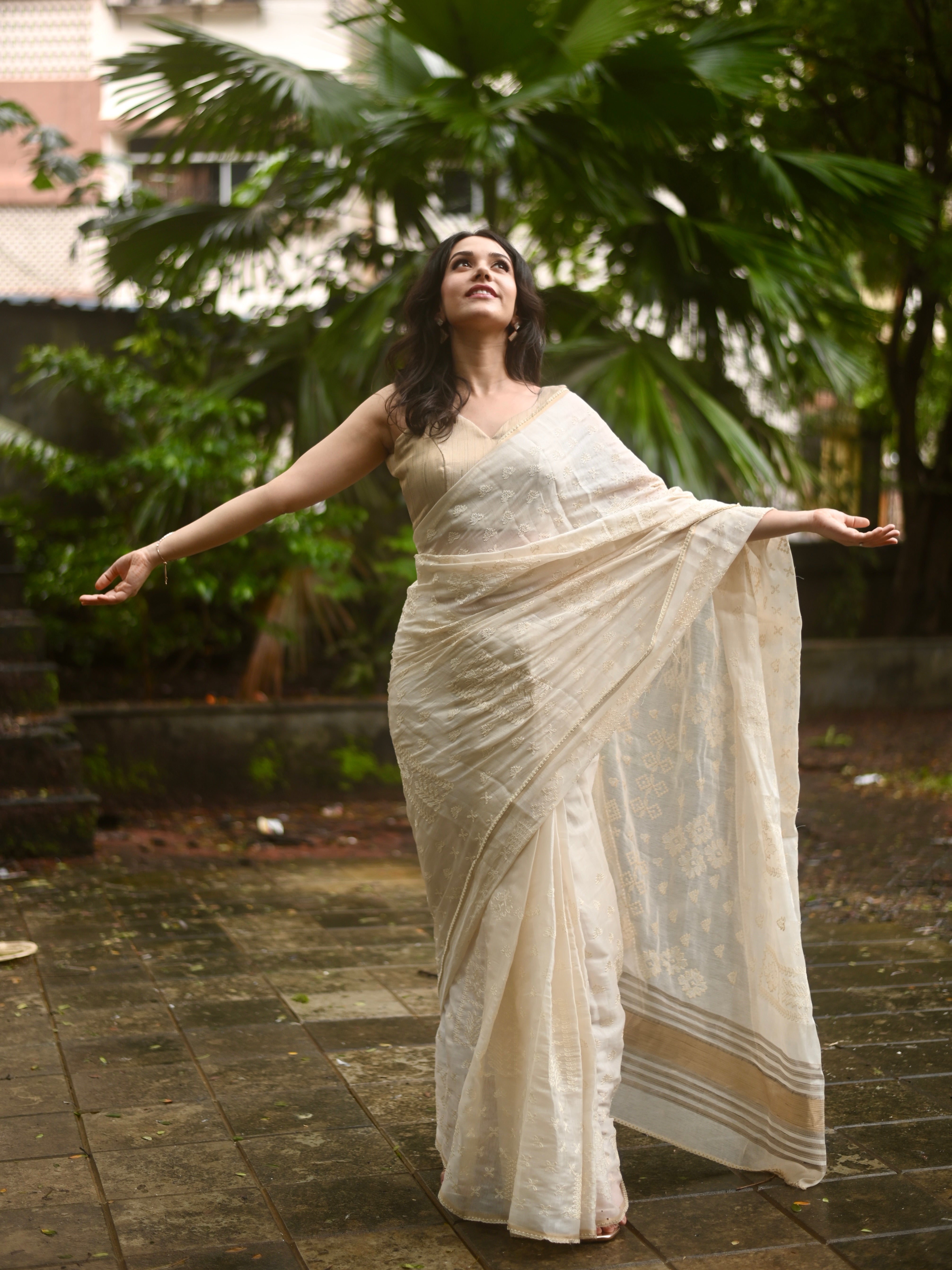 Vanilla Soft Satin Saree with Fusion Embroidery CSE Geetha Creation