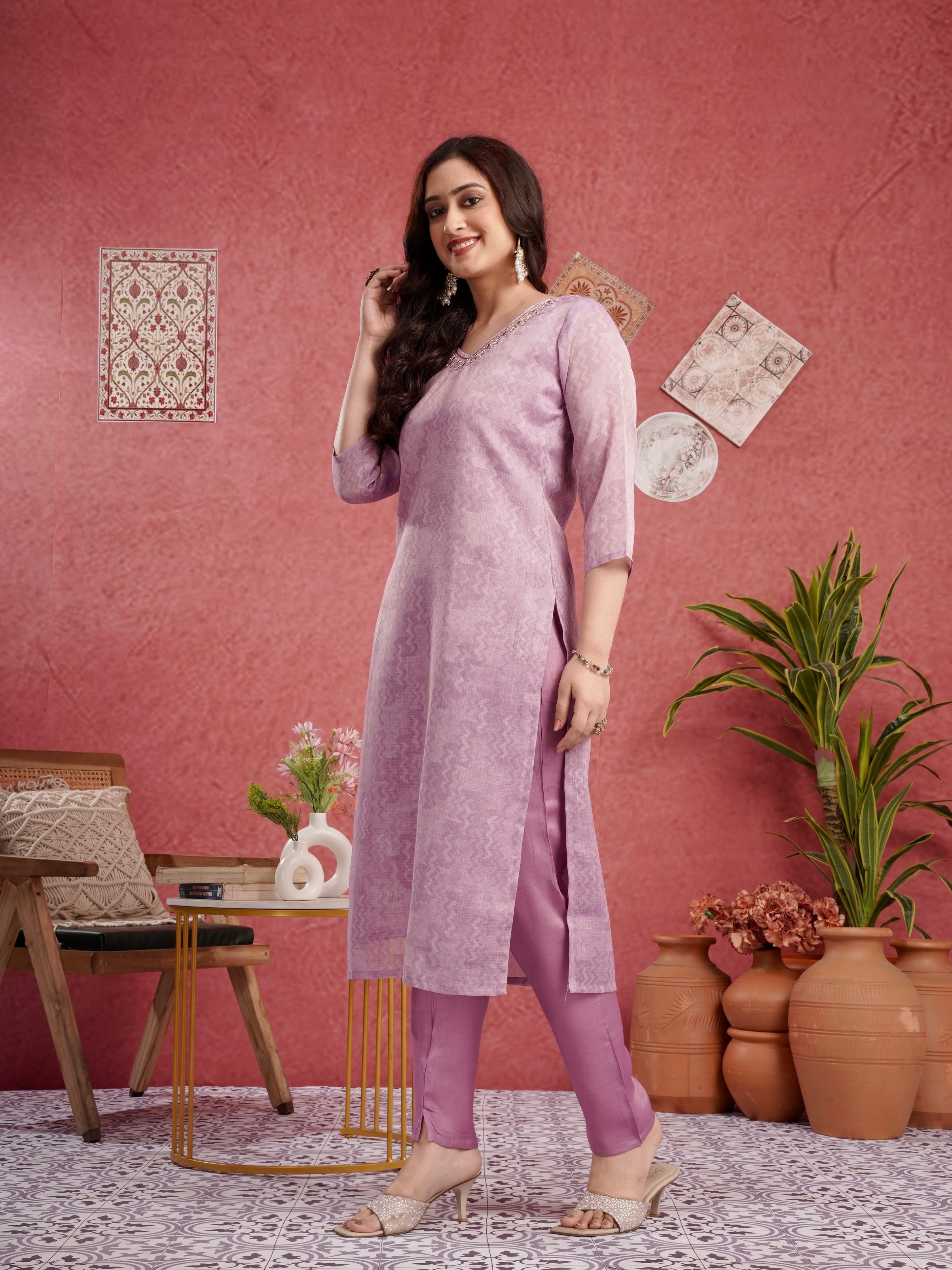 Violaceous Sparkle Linen Ready To Wear Kurti Set Geetha Creation