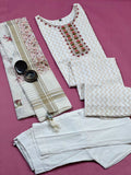 Pure White Ethnic Floral Linen Ready to Wear Pure Cotton Kurti Set