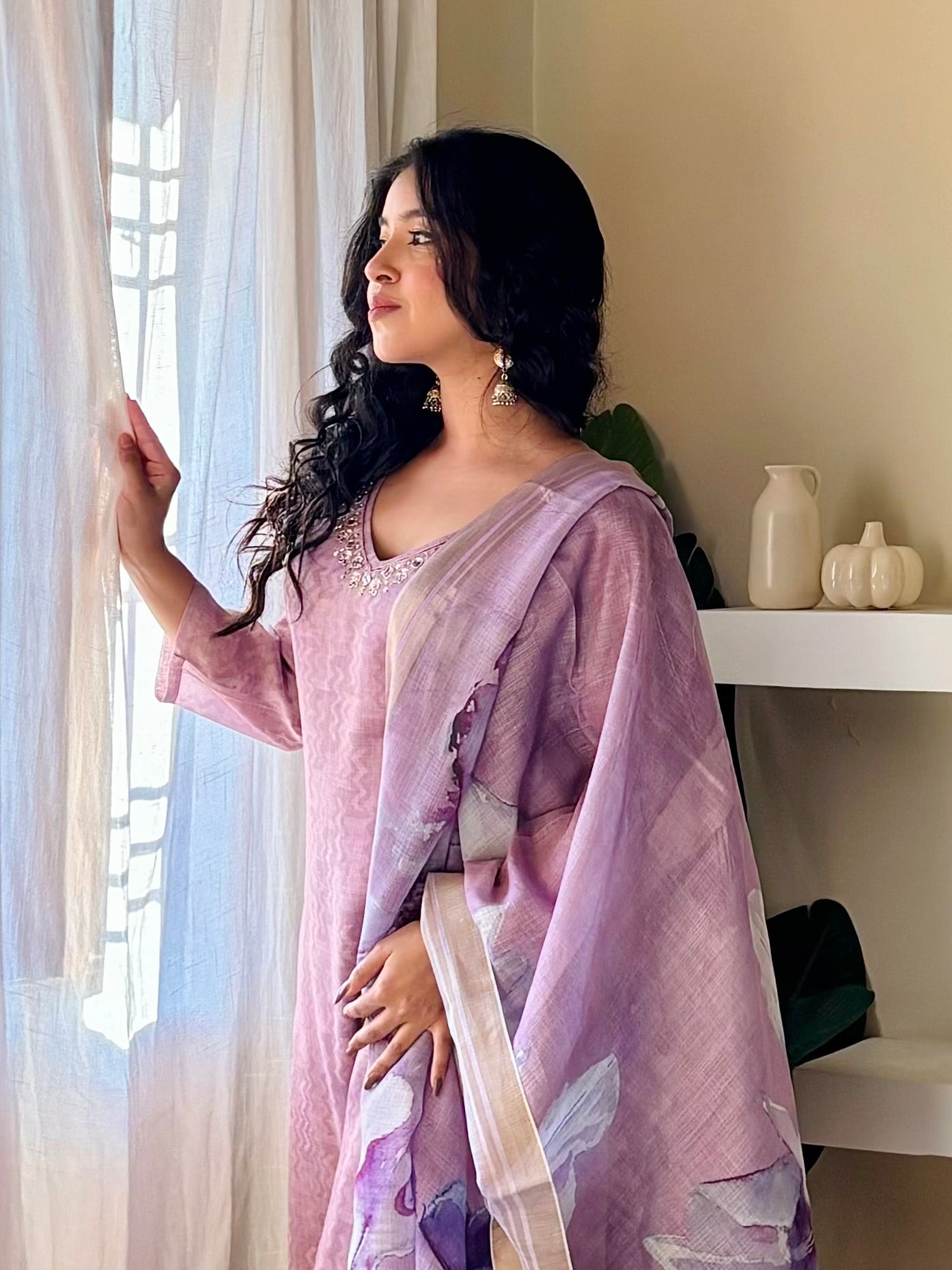 Violaceous Sparkle Linen Ready To Wear Kurti Set Geetha Creation