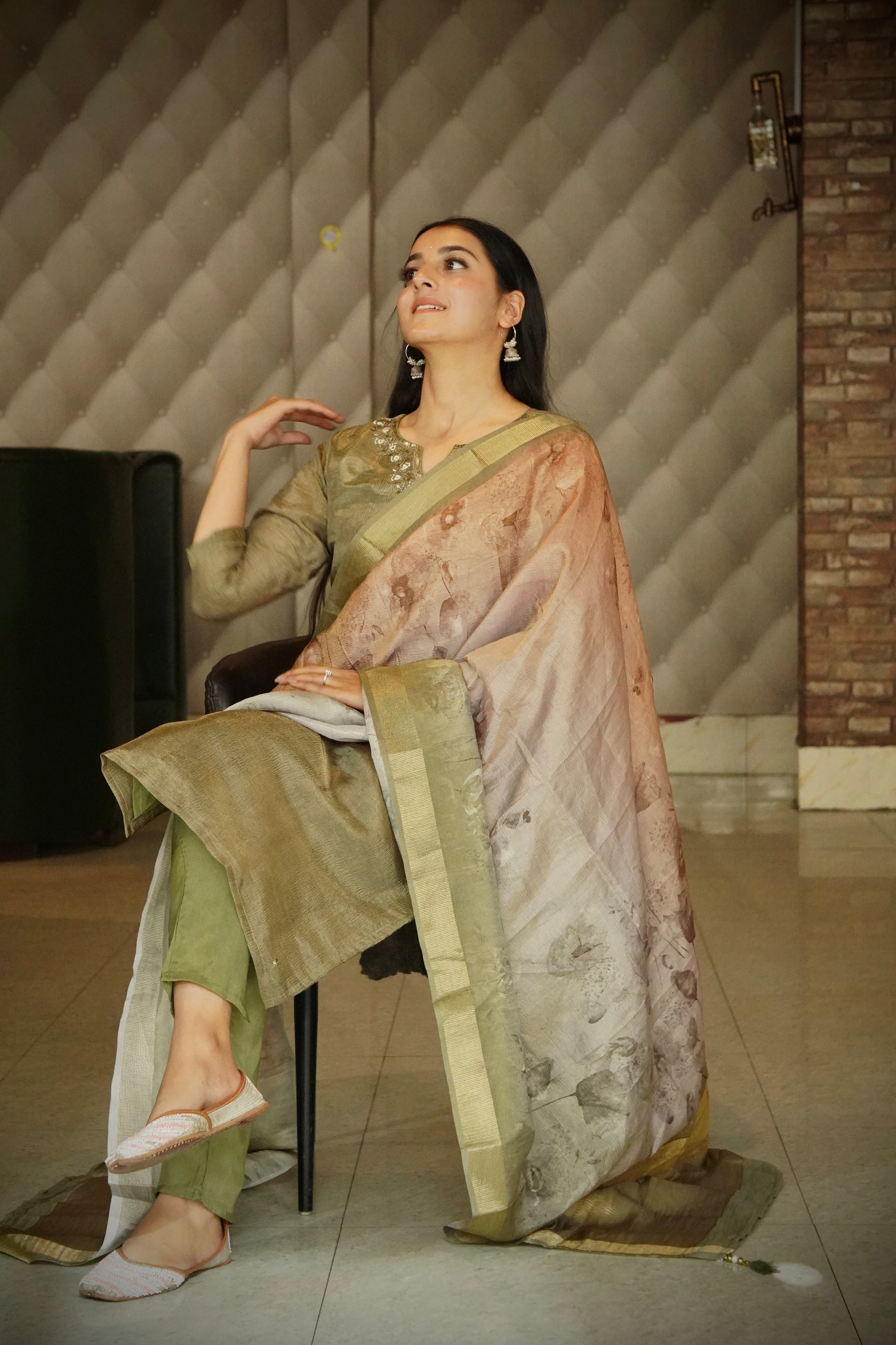 Glittering Olive Soft Tissue Ready to Wear Kurti Set Geetha Creation