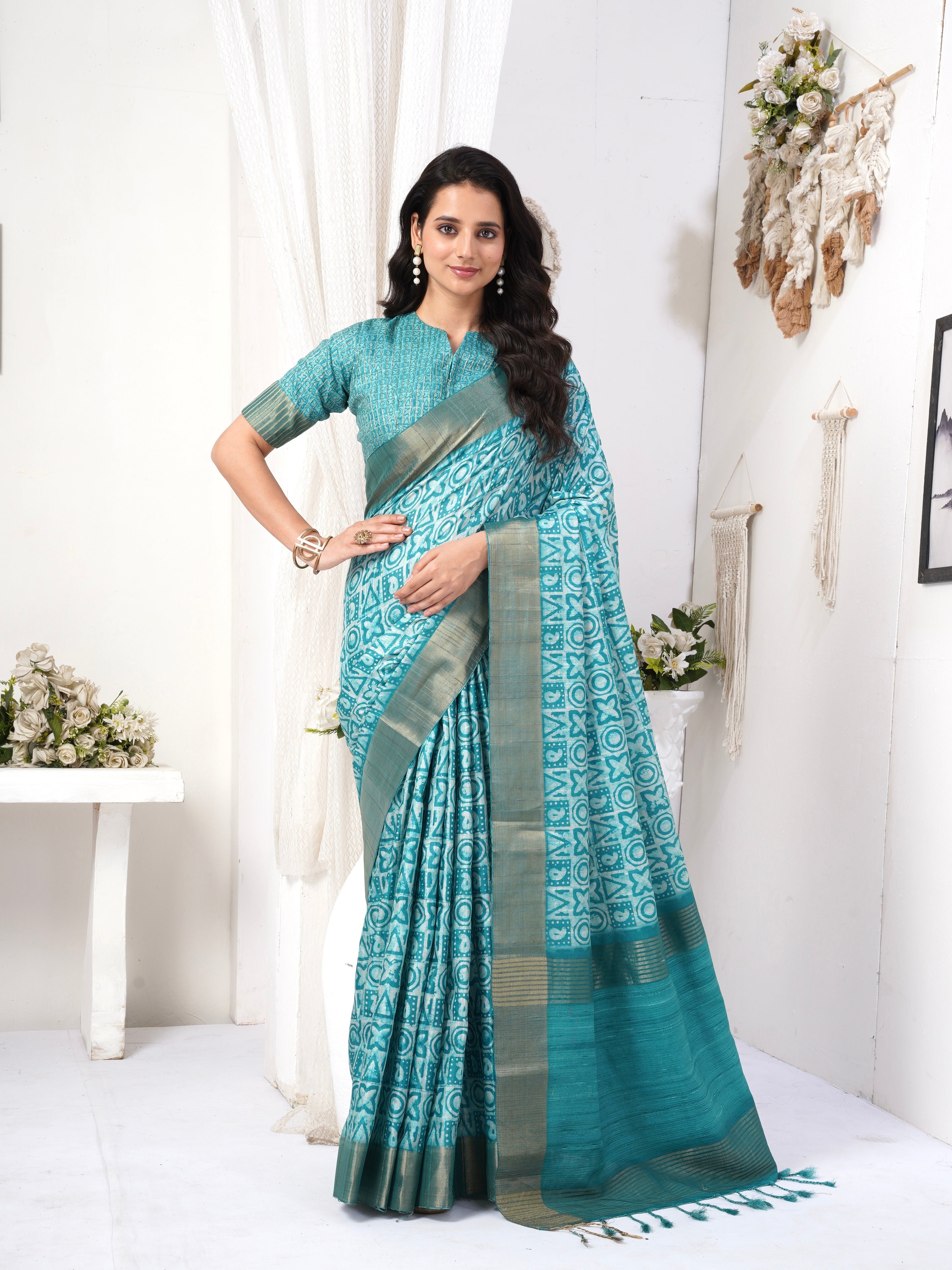 Caribbean Geometric Chapa Handloom Tussar Saree C2 Geetha Creation