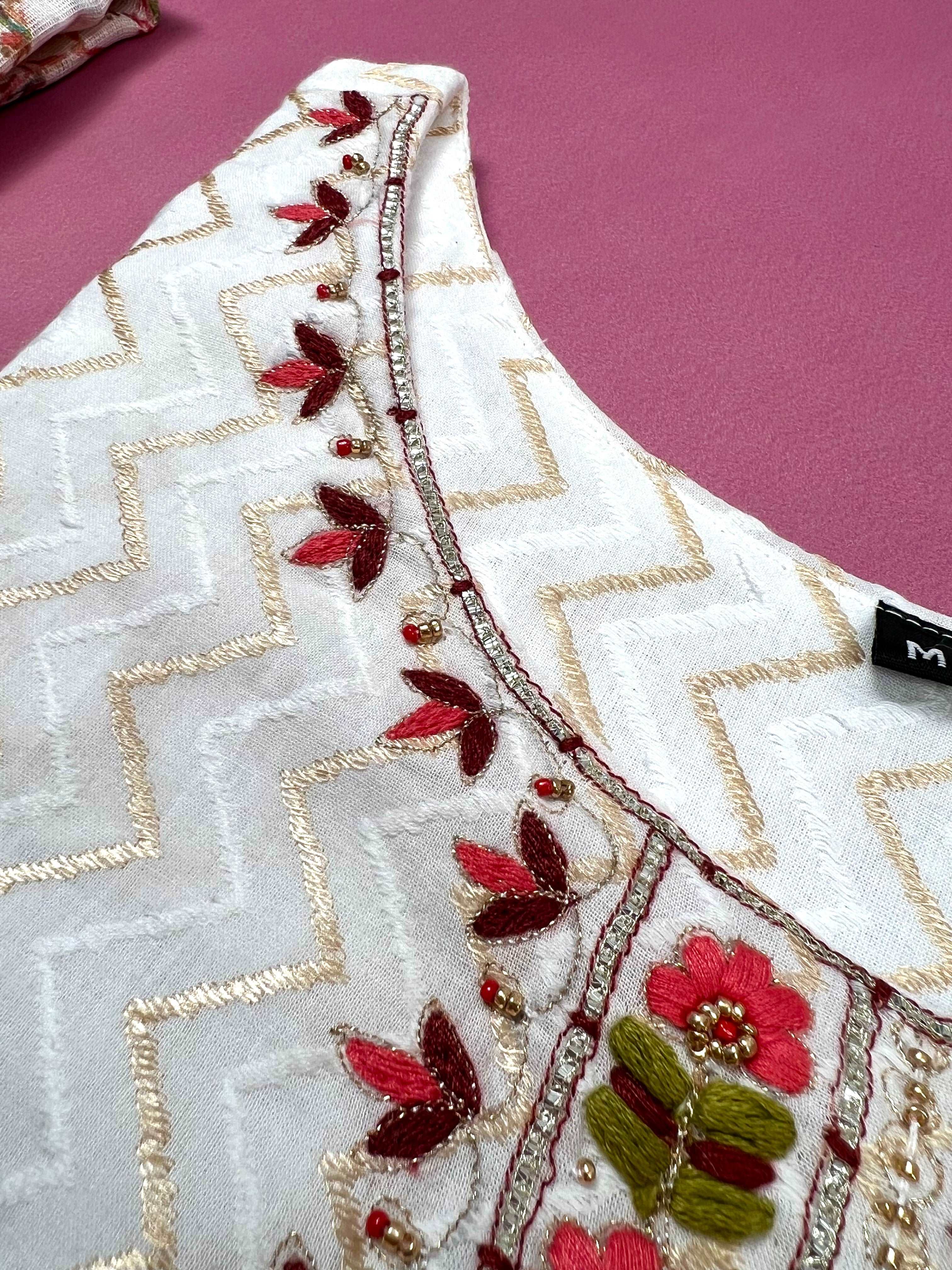 Pure White Ethnic Floral Linen Ready to Wear Pure Cotton Kurti Set