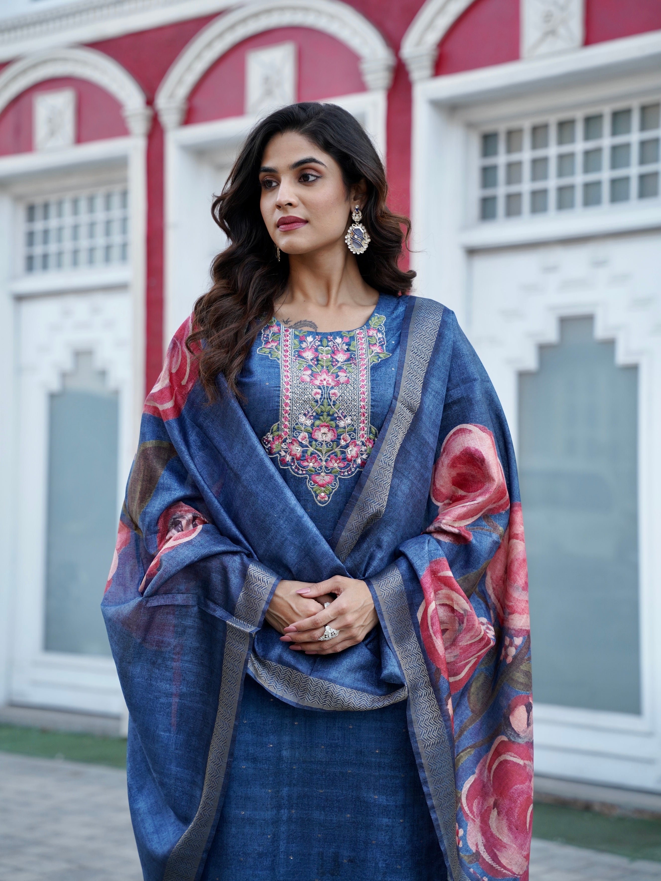 Rich Blue Premium Ethnic Ready To Wear Kurti Set Geetha Creation