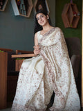 Mother of Pearl Soft Satin Fully Embroidered Saree CSE