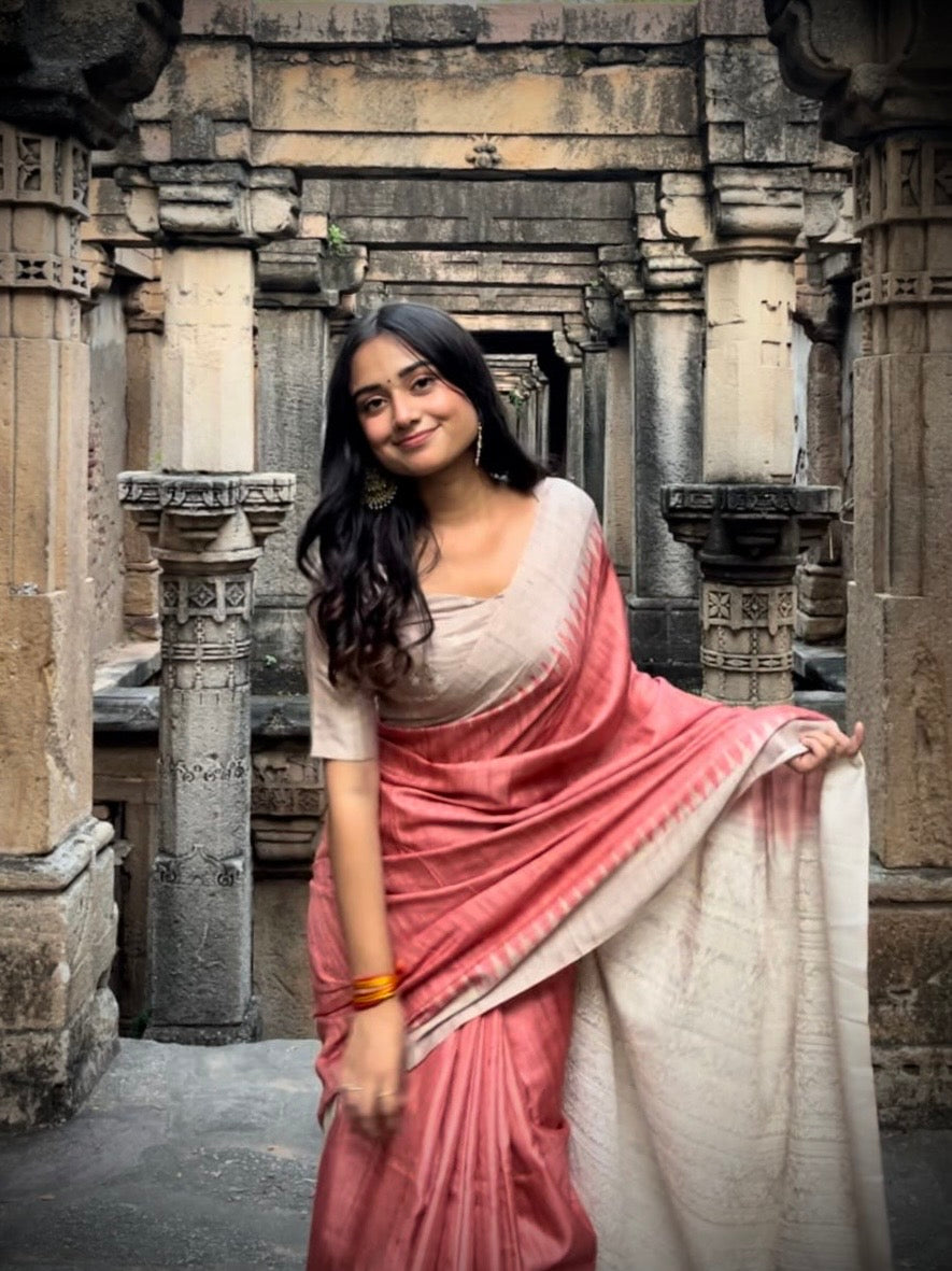 Traditional Chikoo Orange Embroidered Tussar Saree Geetha Creation