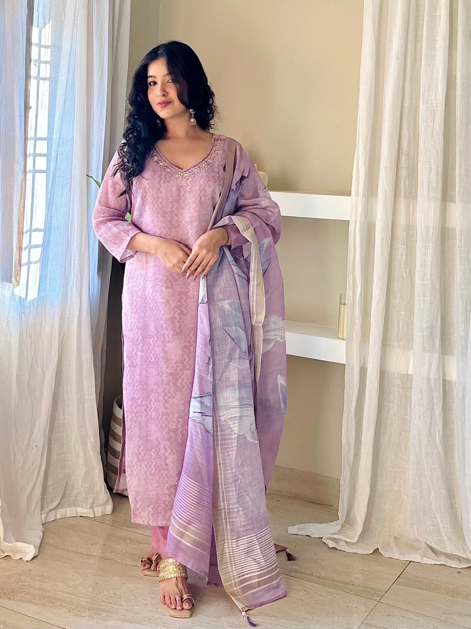 Violaceous Sparkle Linen Ready To Wear Kurti Set Geetha Creation