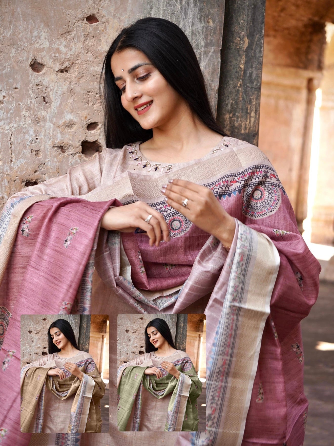 Pink with Chikoo Madhubani Ready to Wear Silk Kurti Set