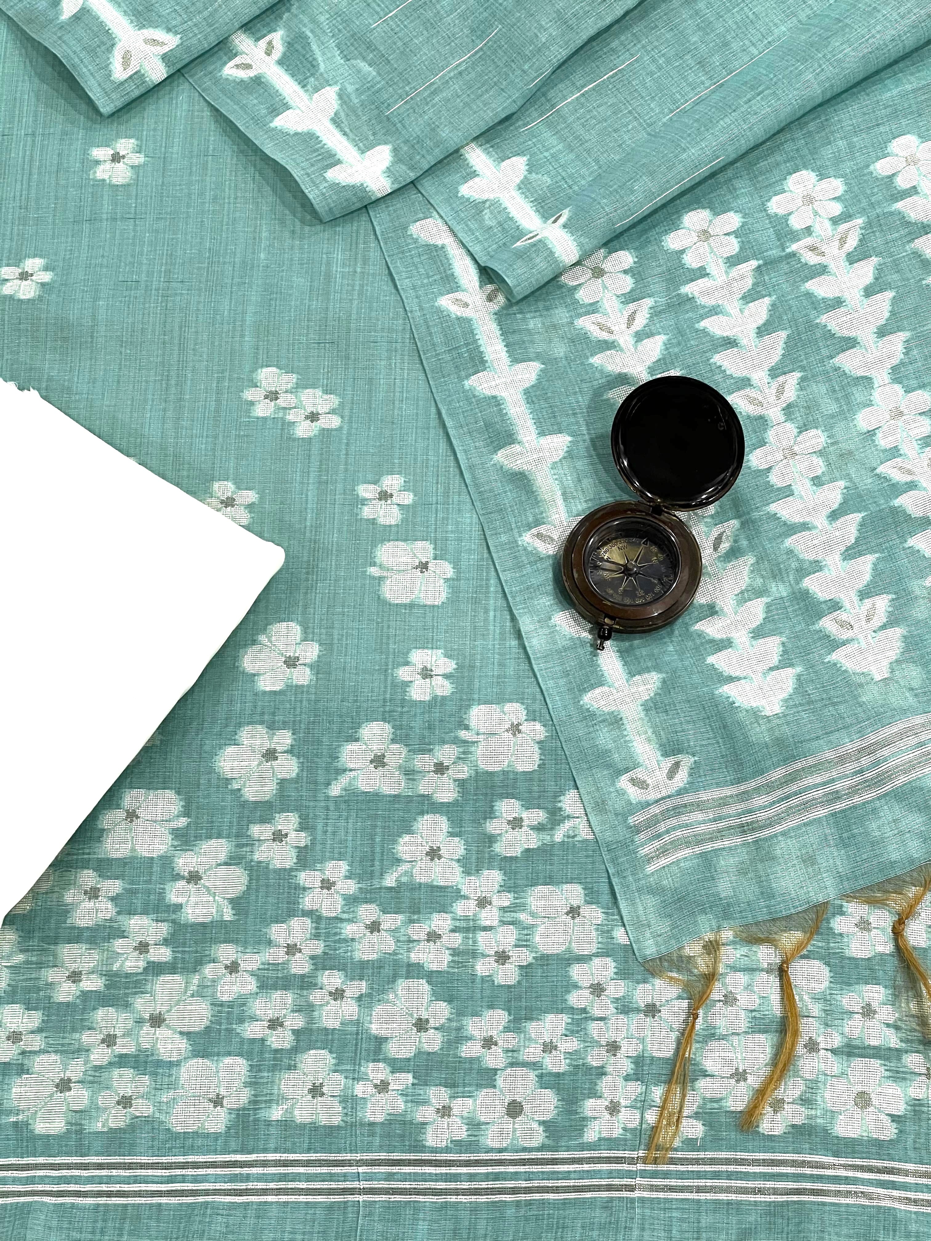 Sophisticated Blue Handloom Jacquard Floral Chanderi Suit Set HCS Geetha Creation