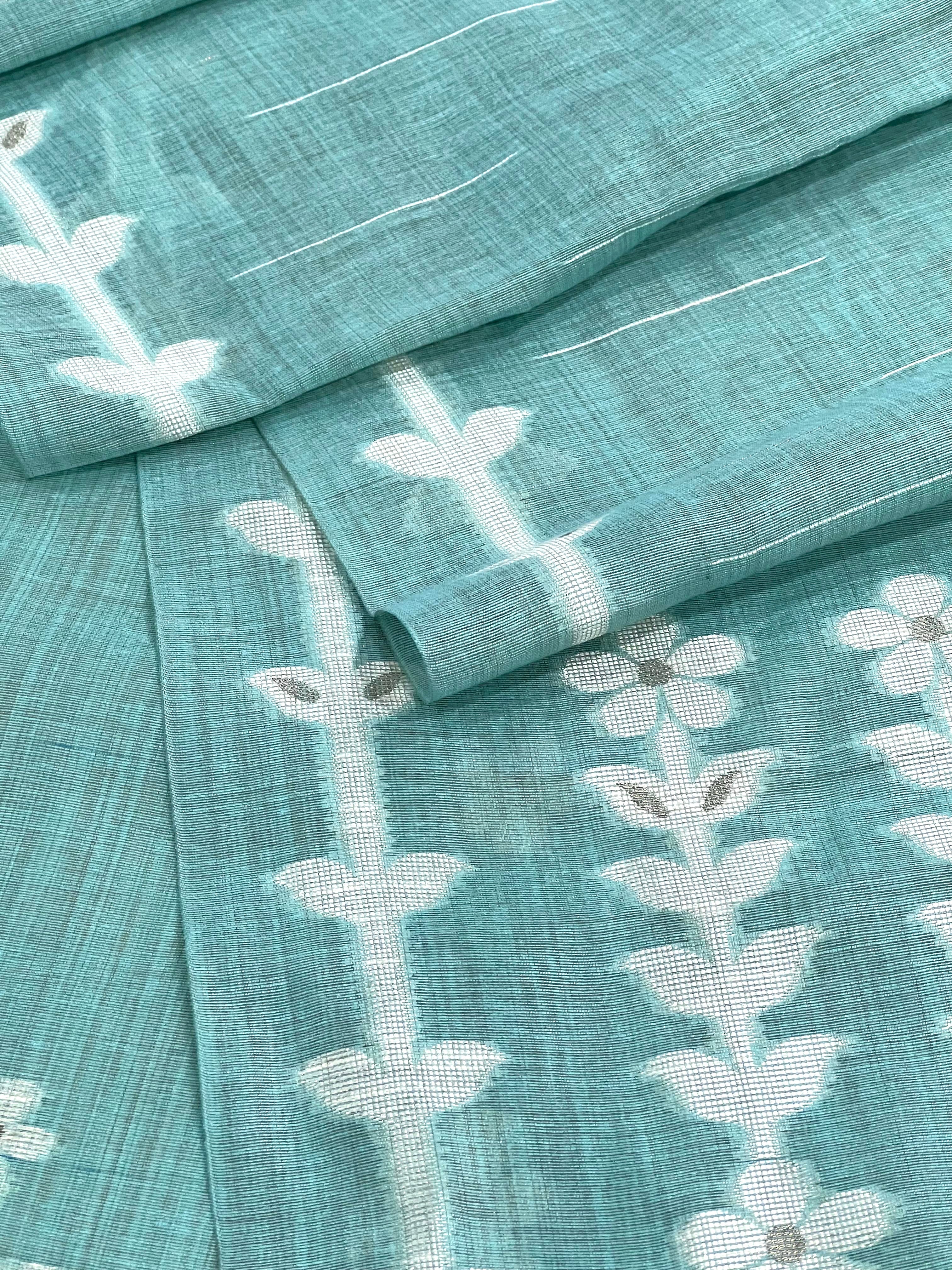 Sophisticated Blue Handloom Jacquard Floral Chanderi Suit Set HCS Geetha Creation