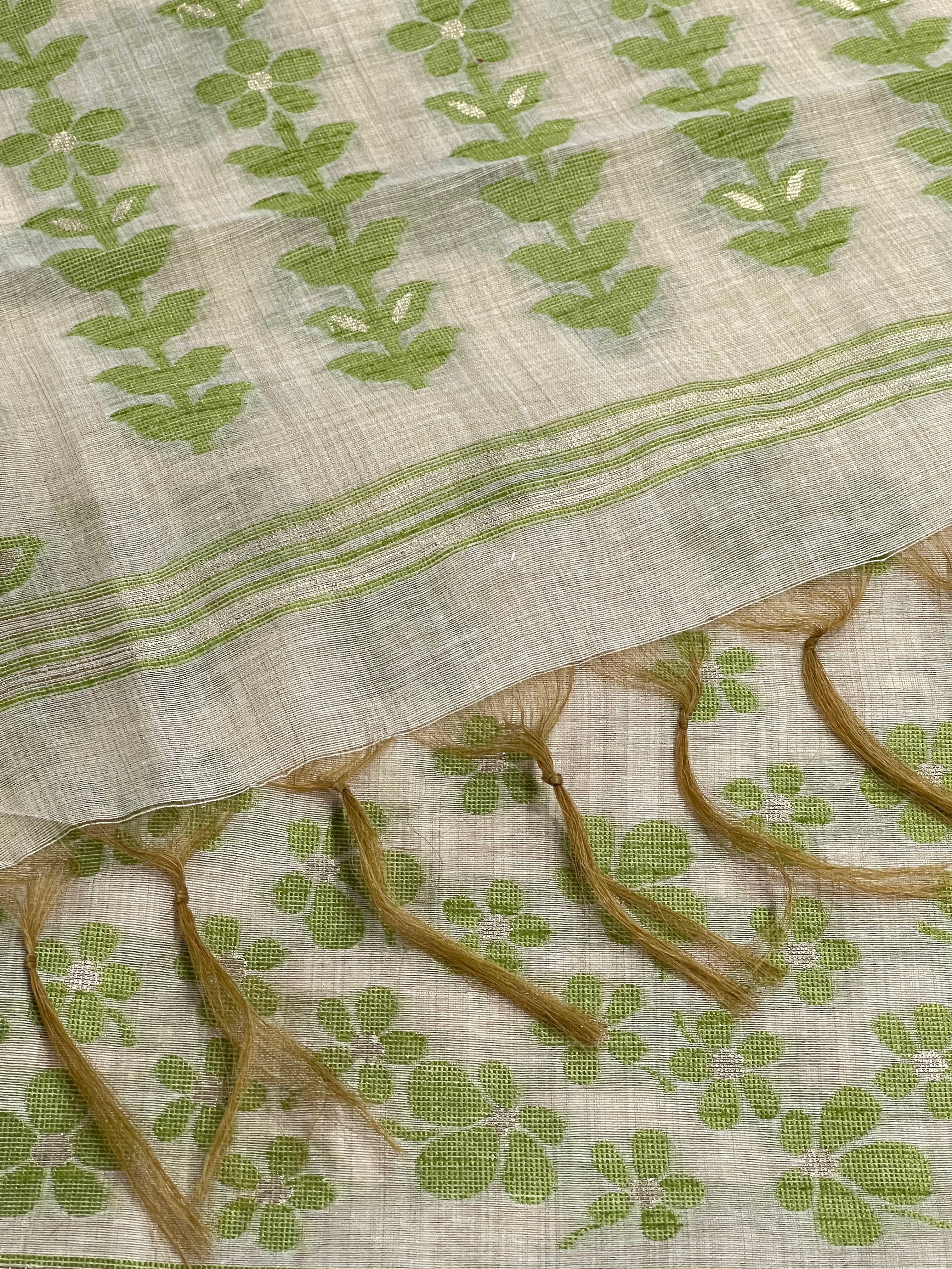 Jade and Cream Handloom Jacquard Floral Chanderi Suit Set HCS Geetha Creation