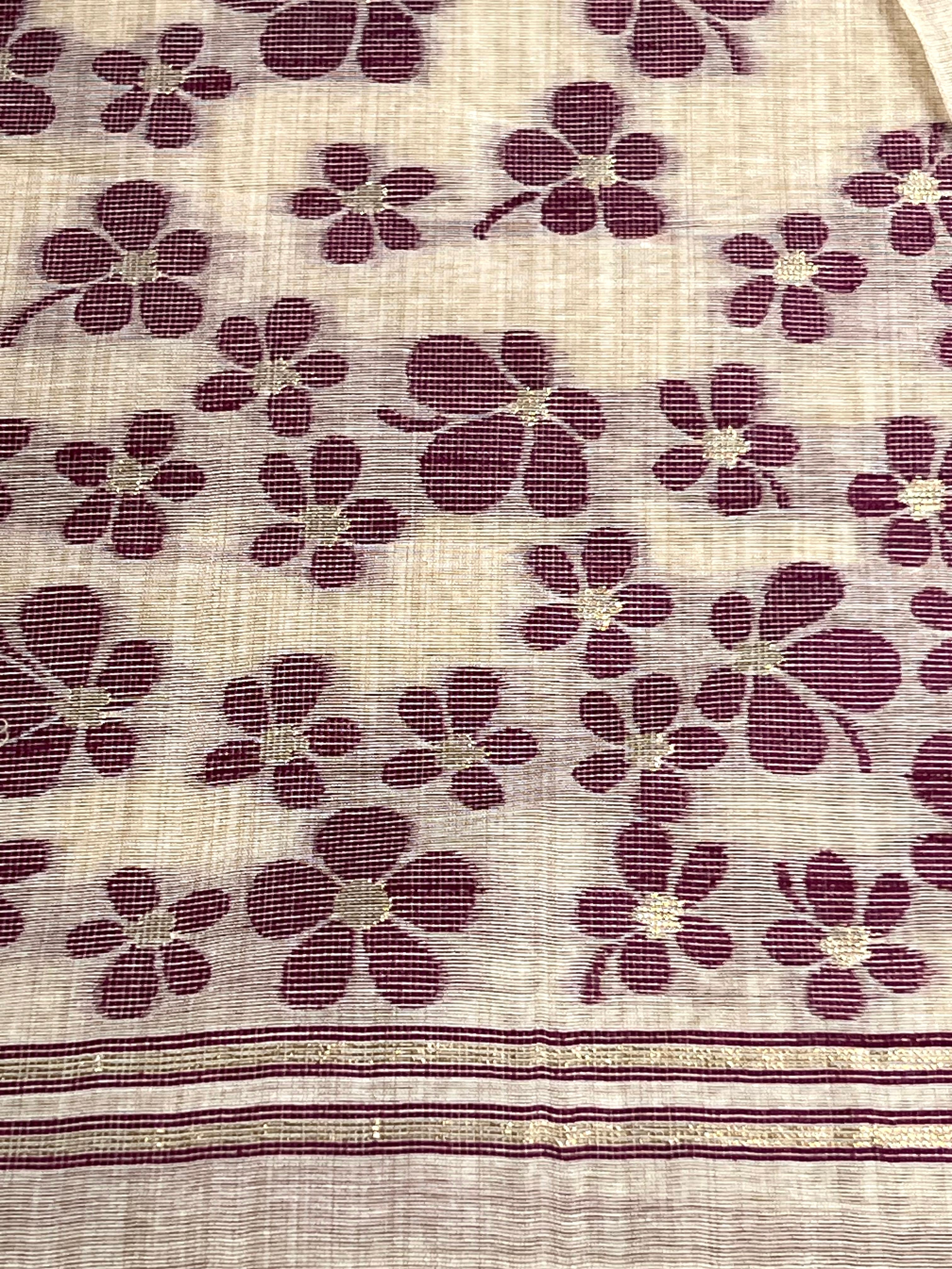 Wine and Cream Handloom Jacquard Floral Chanderi Suit Set HCS Geetha Creation