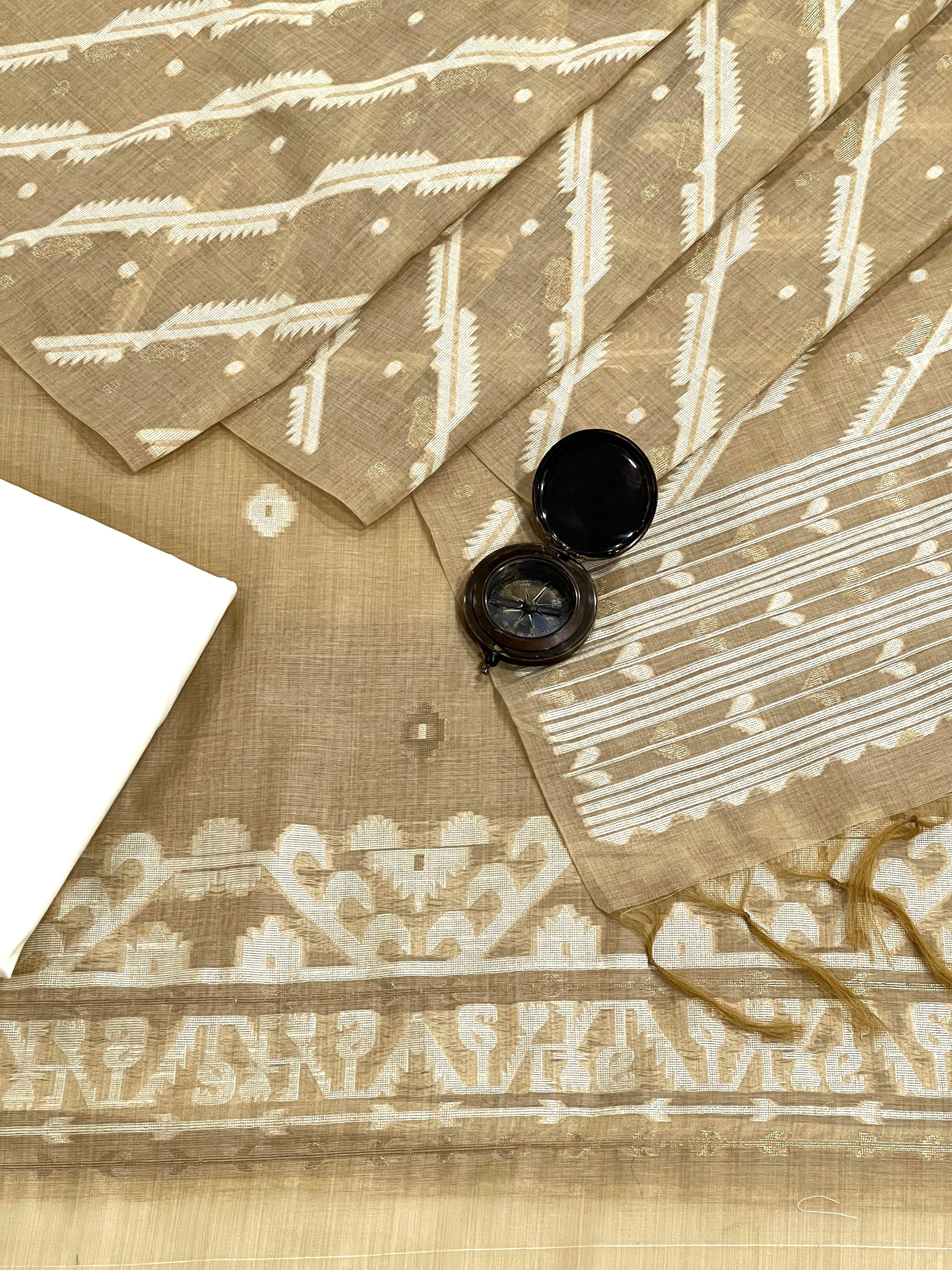 Light Brown Tana-Bana Ikat Handloom Jacquard Floral Chanderi Suit Set HCS Geetha Creation