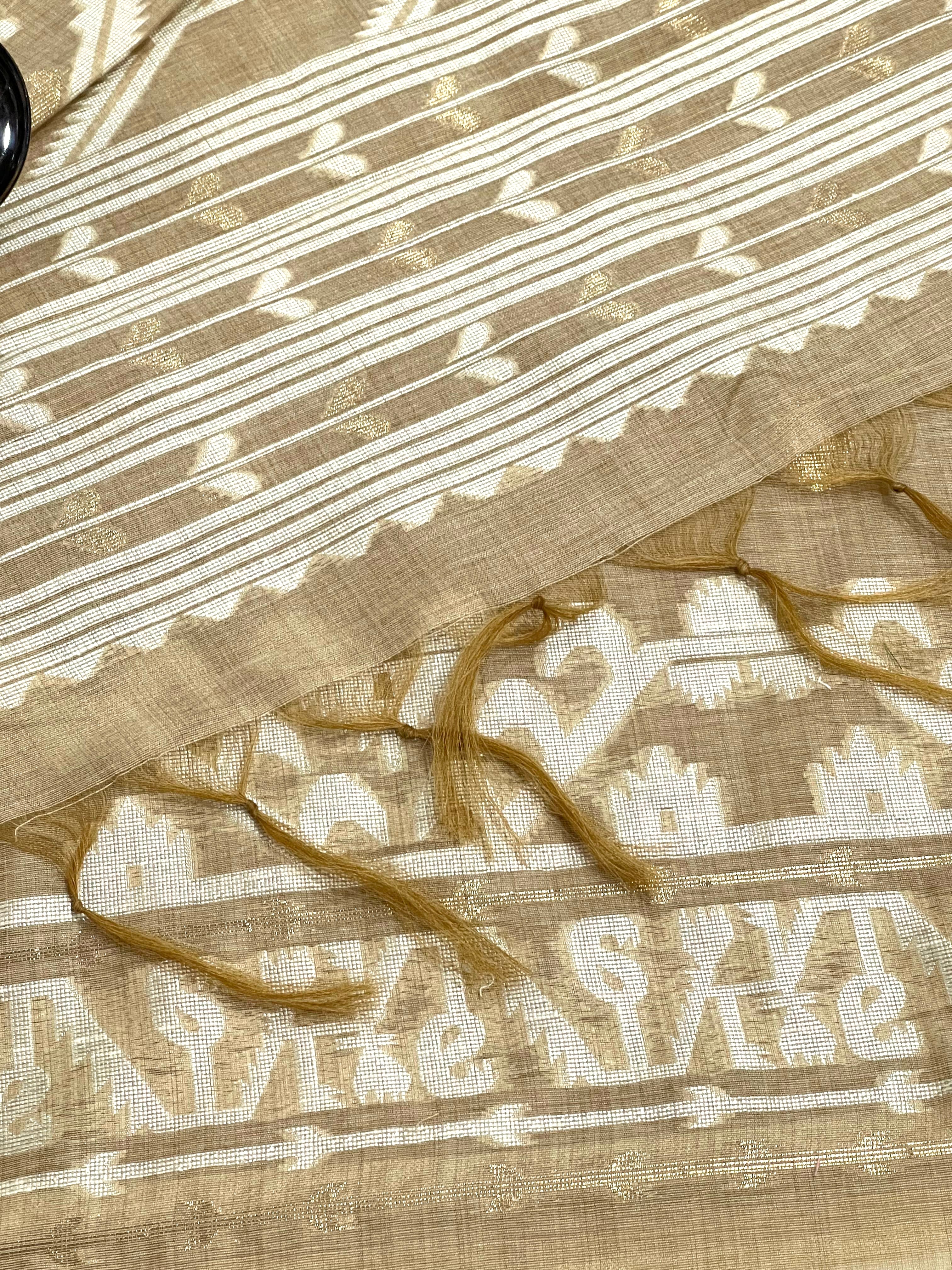 Light Brown Tana-Bana Ikat Handloom Jacquard Floral Chanderi Suit Set HCS Geetha Creation