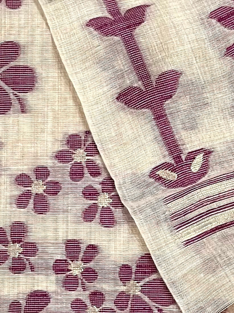 Wine and Cream Handloom Jacquard Floral Chanderi Suit Set HCS Geetha Creation