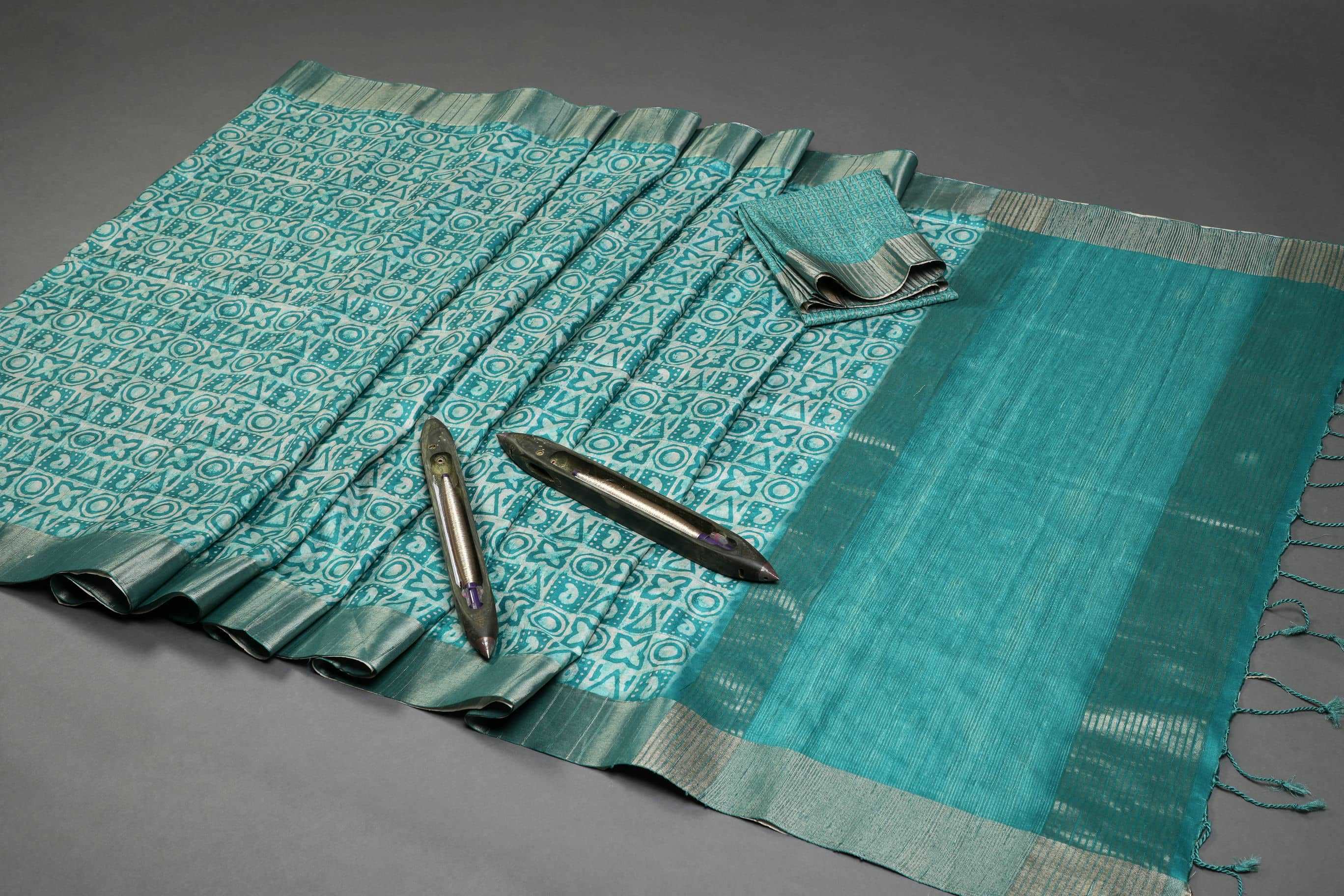 Caribbean Geometric Chapa Handloom Tussar Saree C2