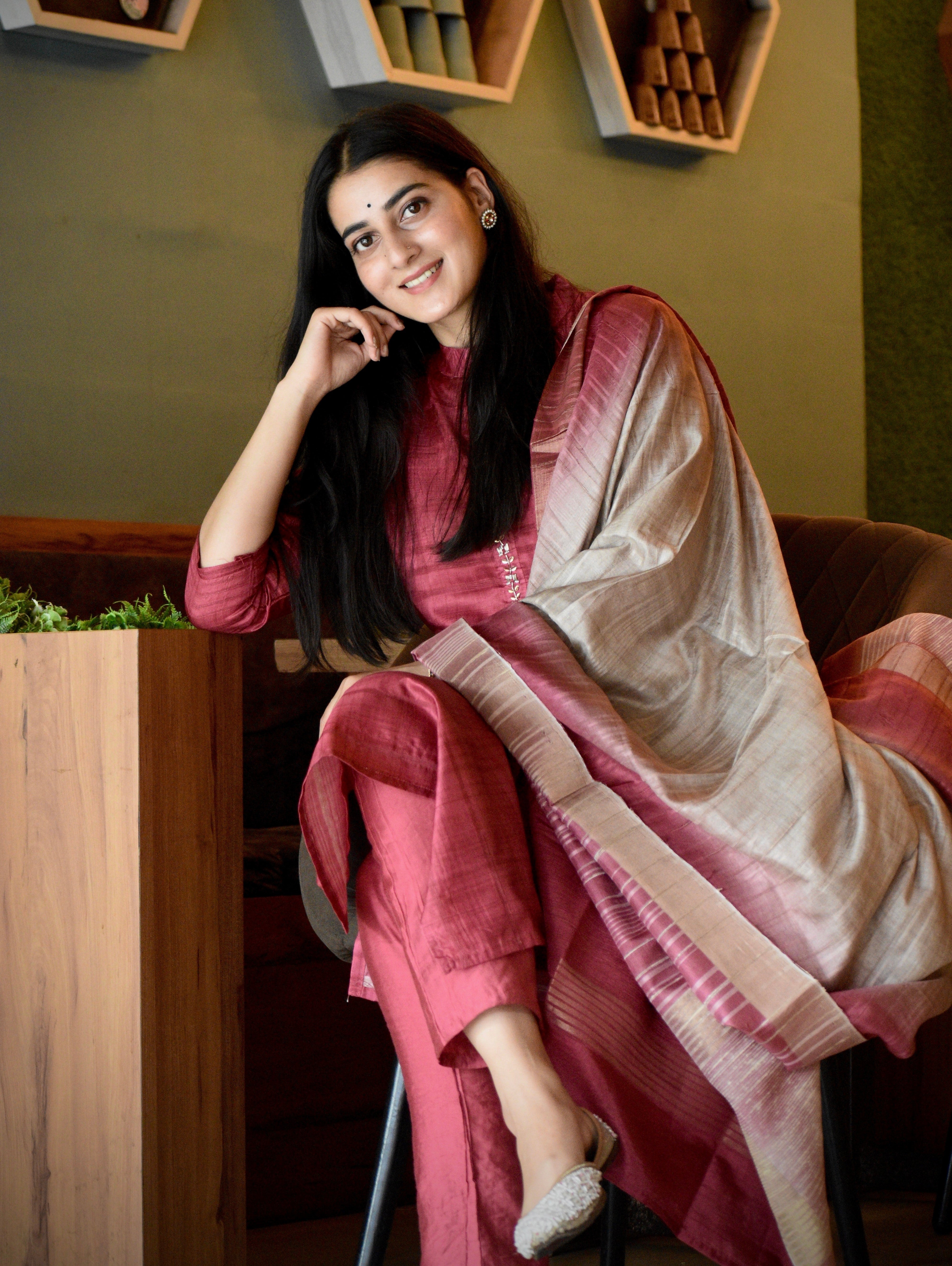 Luxurious Rose Red Ready to Wear Silk Kurti Set