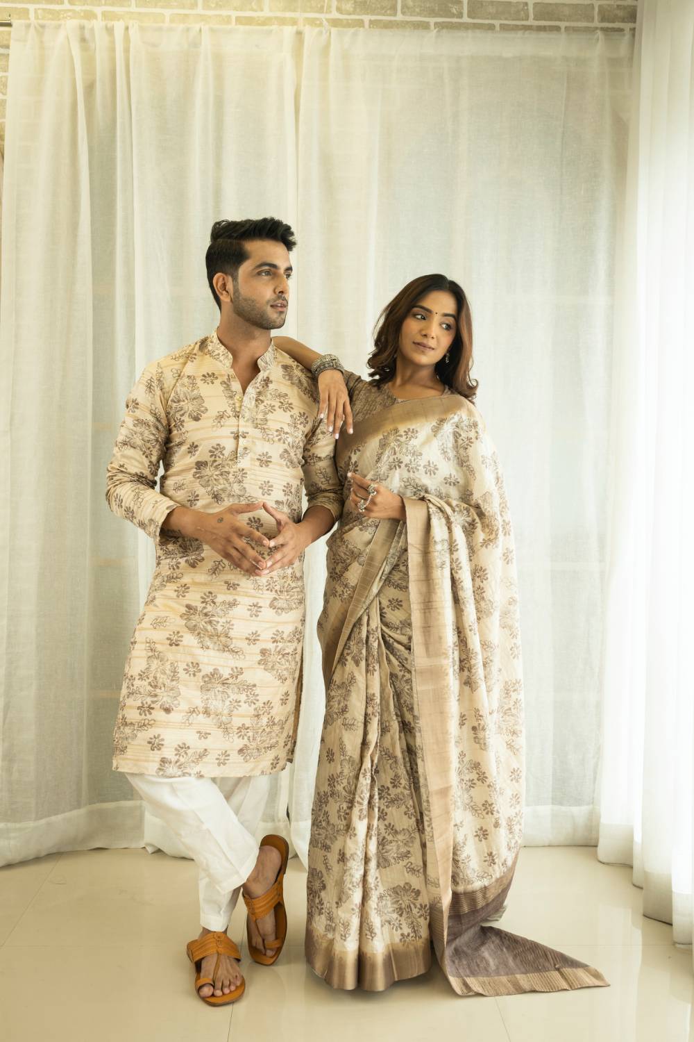 Botanical Bliss Gray Couple Outfits Geetha Creation
