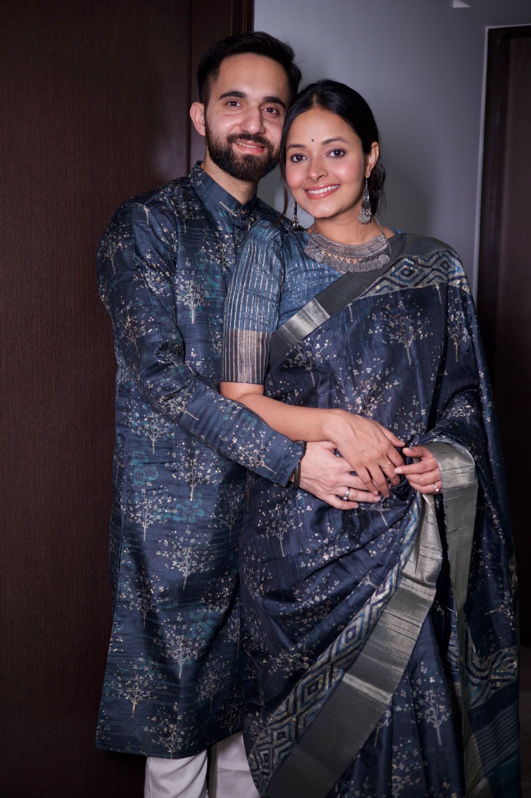 Metallic Blue Floral Bliss Tussar Couple Outfits Geetha Creation