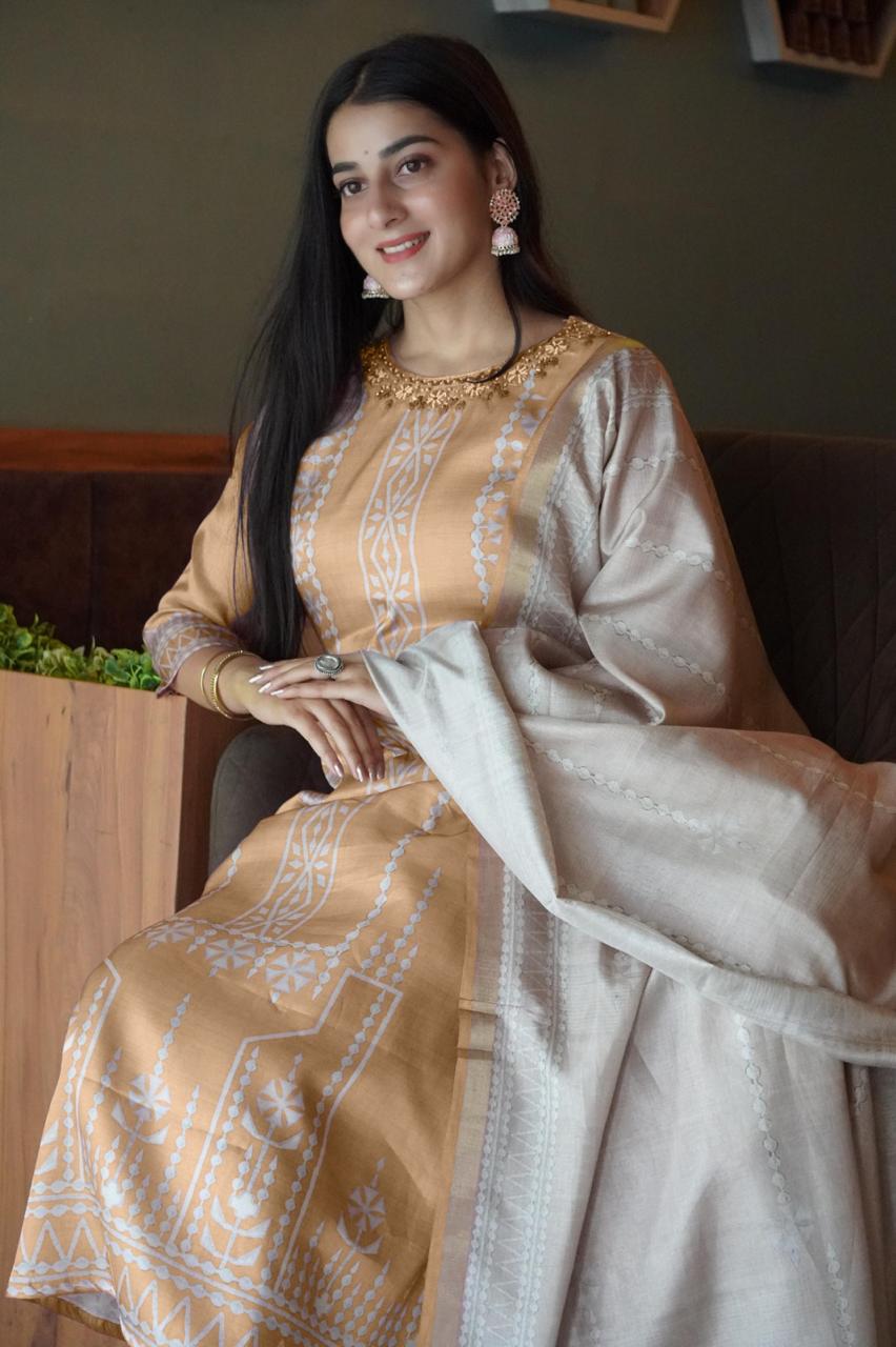 Pretty Pink Soft Tussar A-Line Ready to Wear Kurti Set Geetha Creation