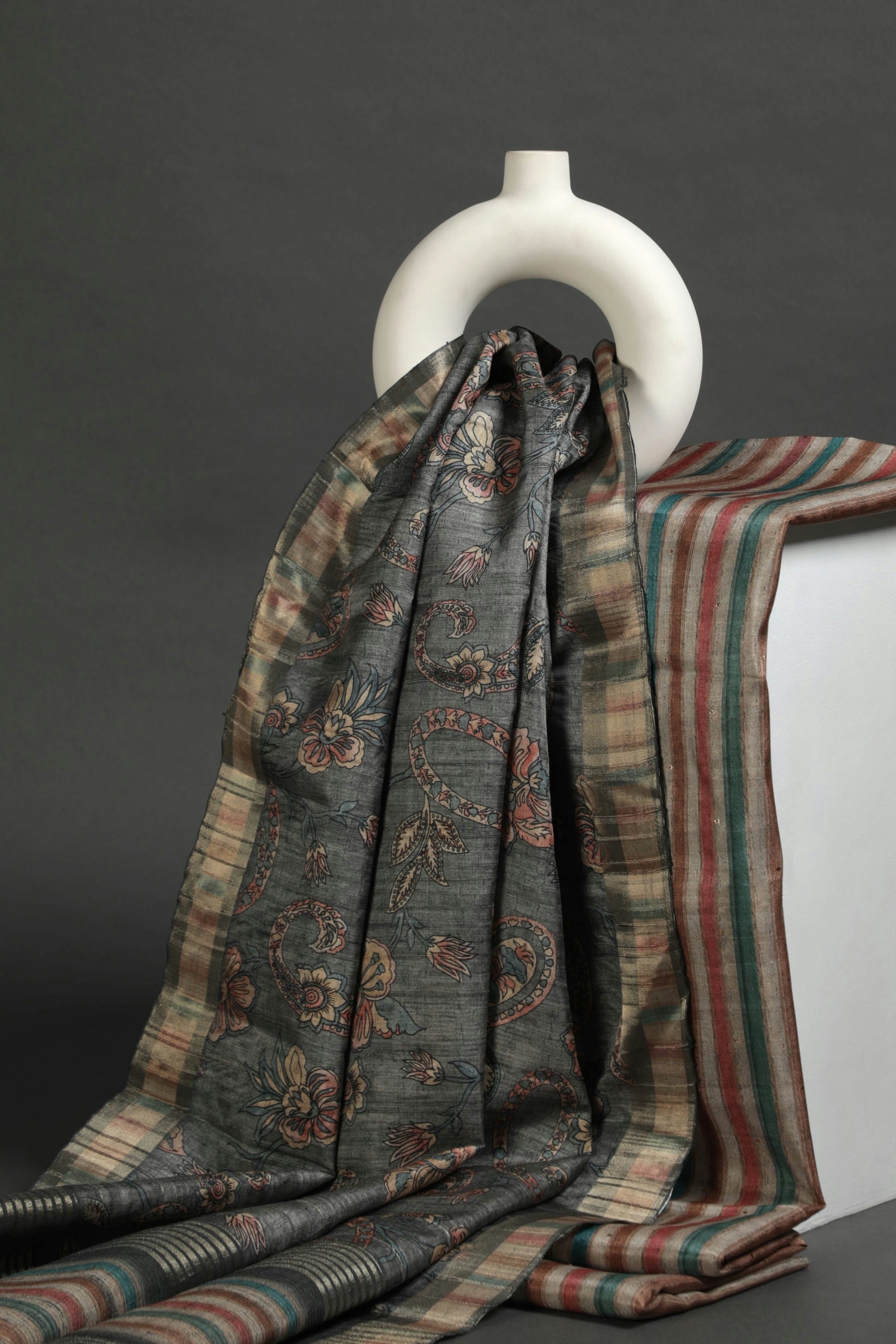 Steel Grey and Multihued Striped Semi Tussar Two Piece Suit Set Geetha Creation