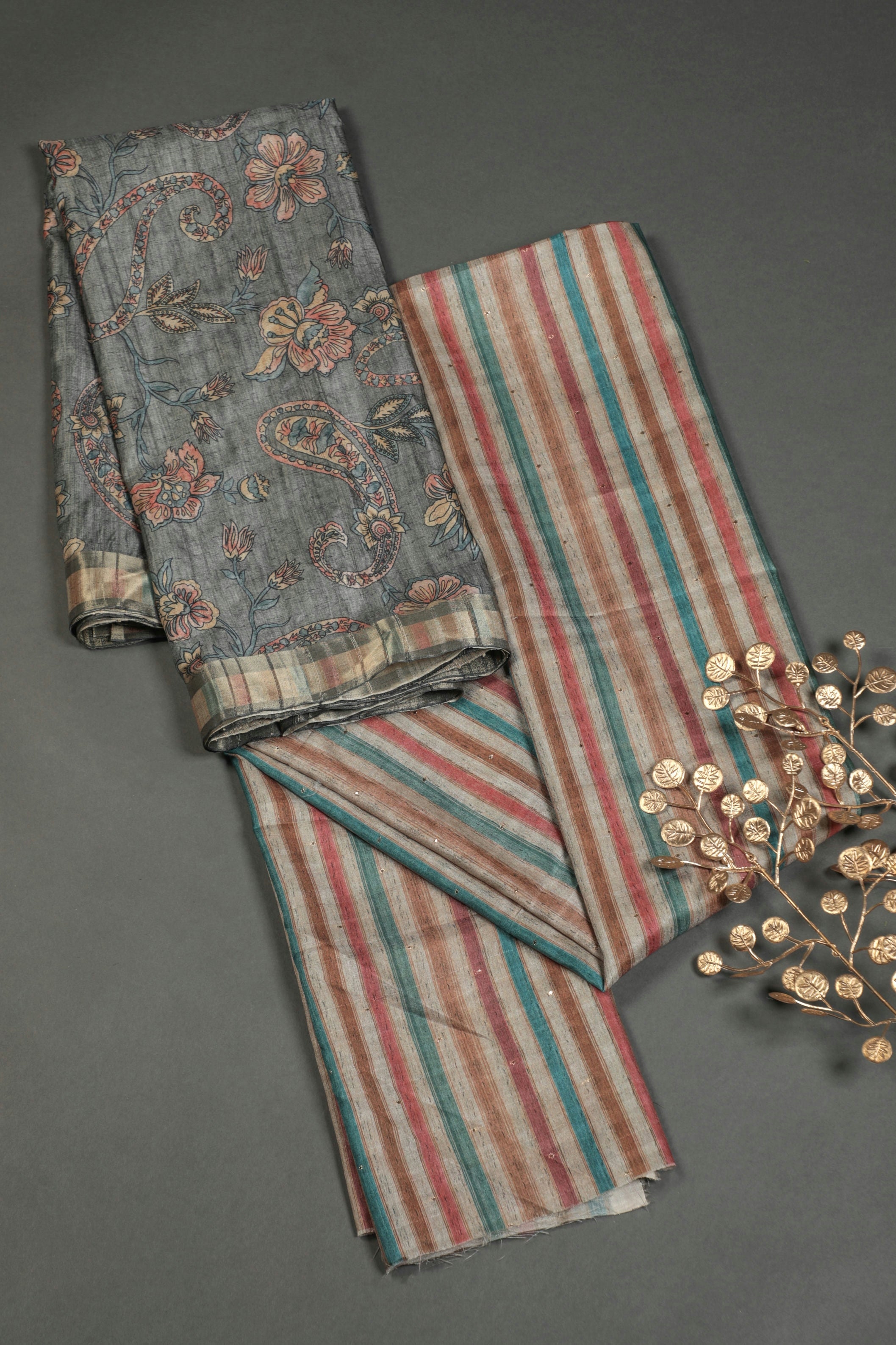 Steel Grey and Multihued Striped Semi Tussar Two Piece Suit Set Geetha Creation