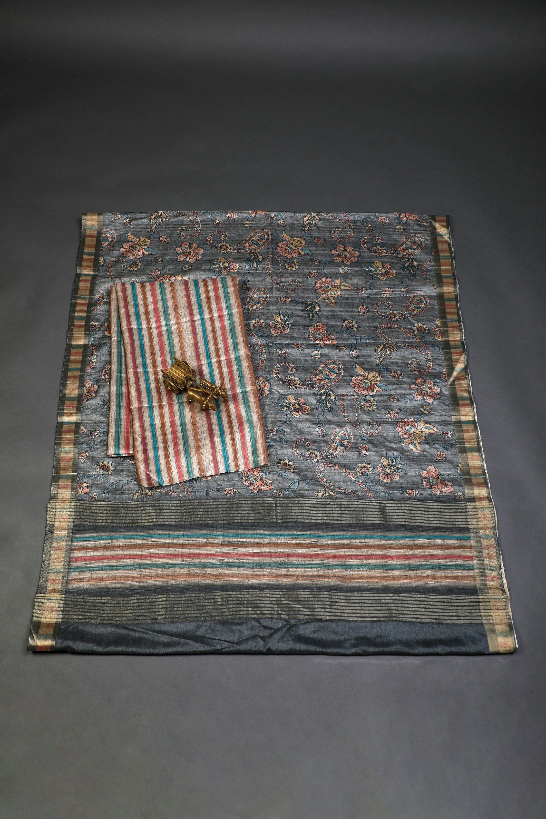 Steel Grey and Multihued Striped Semi Tussar Two Piece Suit Set Geetha Creation