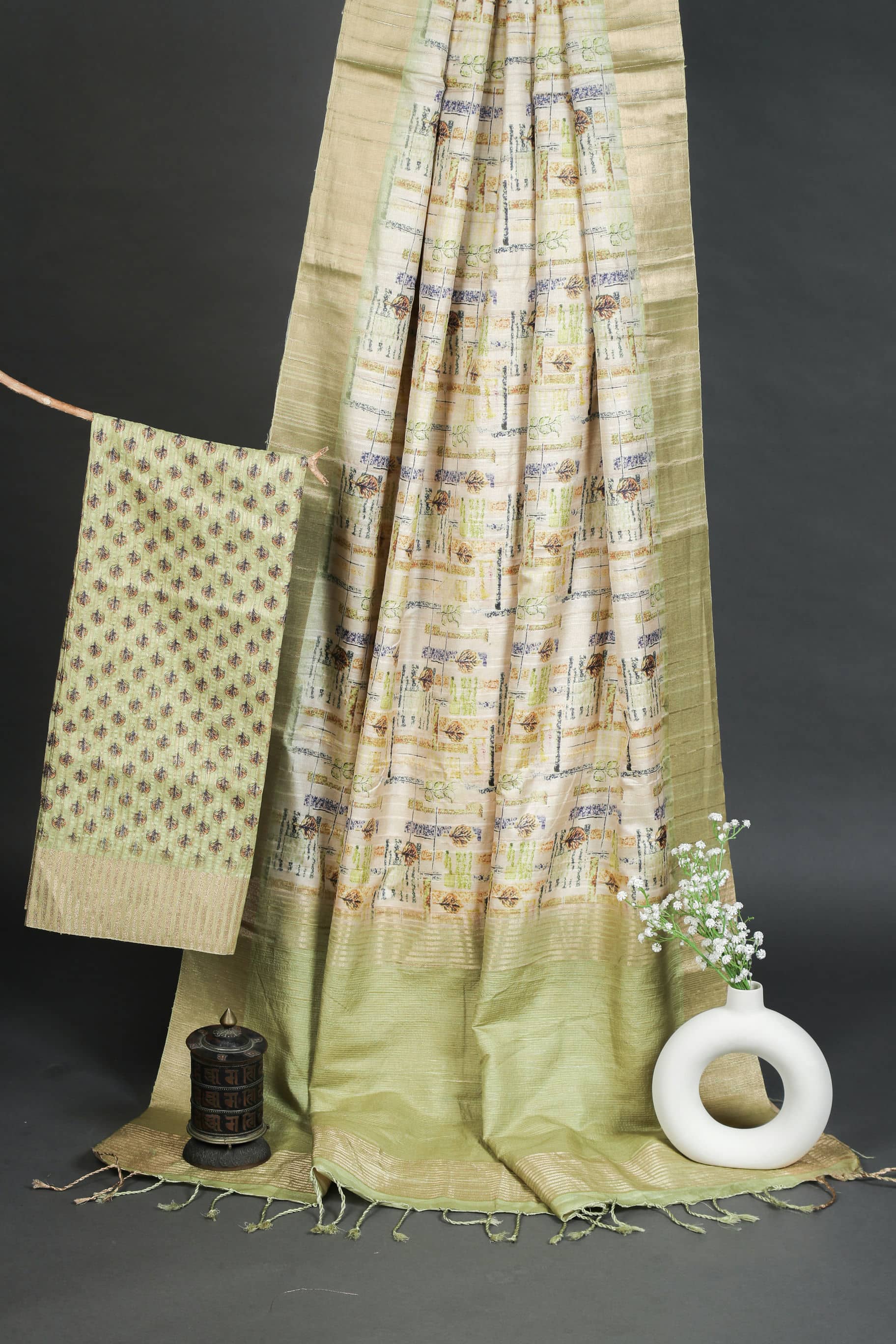 Lemon in Green Chapa Handloom Tussar Saree C3 Geetha Creation