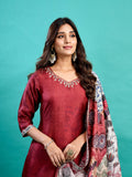 Cherry Red Soft Tussar A-Line Ready to Wear Kurti Set Geetha Creation