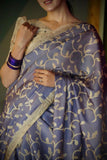 Royal Violet Block Print Kantha Stitch Tussar Saree Geetha Creation