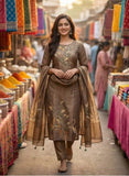 Mocha Brown Pure Viscose Hand-Embroidered Kurta Set