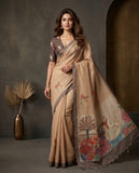 Beige Semi Tussar Saree with Checked Weave & Swan Pallu Design Geetha Creation
