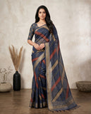Navy Blue Semi Tussar Saree with Geometric Stripes & Tassel Border Geetha Creation