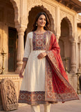 Beige Linen Anarkali Kurta Set with Red Dupatta Geetha Creation