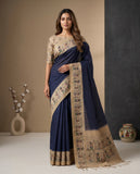 Navy Blue Semi Tussar Saree with Ethnic Motif Border & Unstitched Blouse Geetha Creation