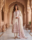 Women Cream Pink Ethnic Motif Linen Kurta Set with Dupatta Geetha Creation