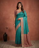 Teal Blue Semi Tussar Saree with Woven Border and Unstitched Blouse Piece Geetha Creation