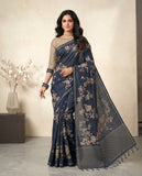 Navy Blue Floral Semi Tussar Saree with Tassel Border & Blouse Piece Geetha Creation