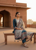 Women Teal Blue Pure Viscose Kurta Set with Handcrafted Yoke & Printed Dupatta
