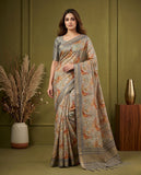 Grey & Beige Semi Tussar Saree with Floral Motifs and Tassel Border Geetha Creation